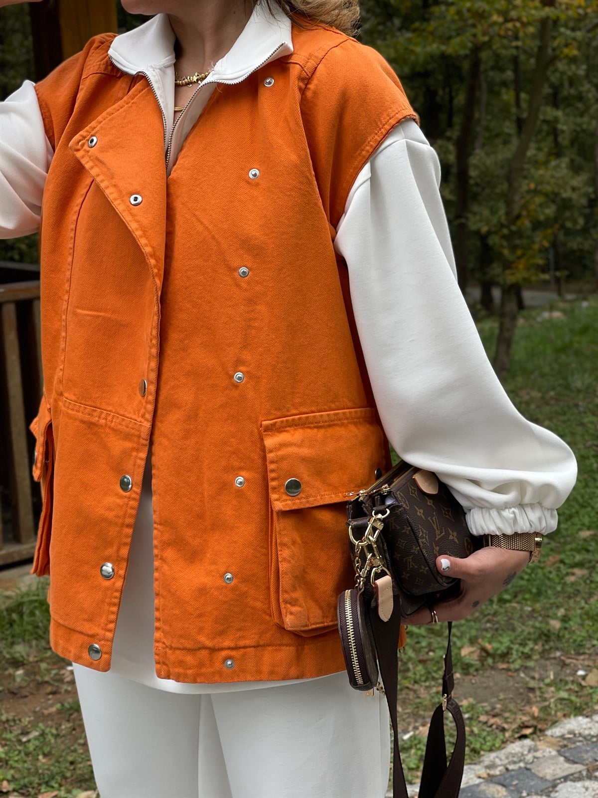 Gabardin Çıtçıtlı Tasarım Yelek (Oranj)