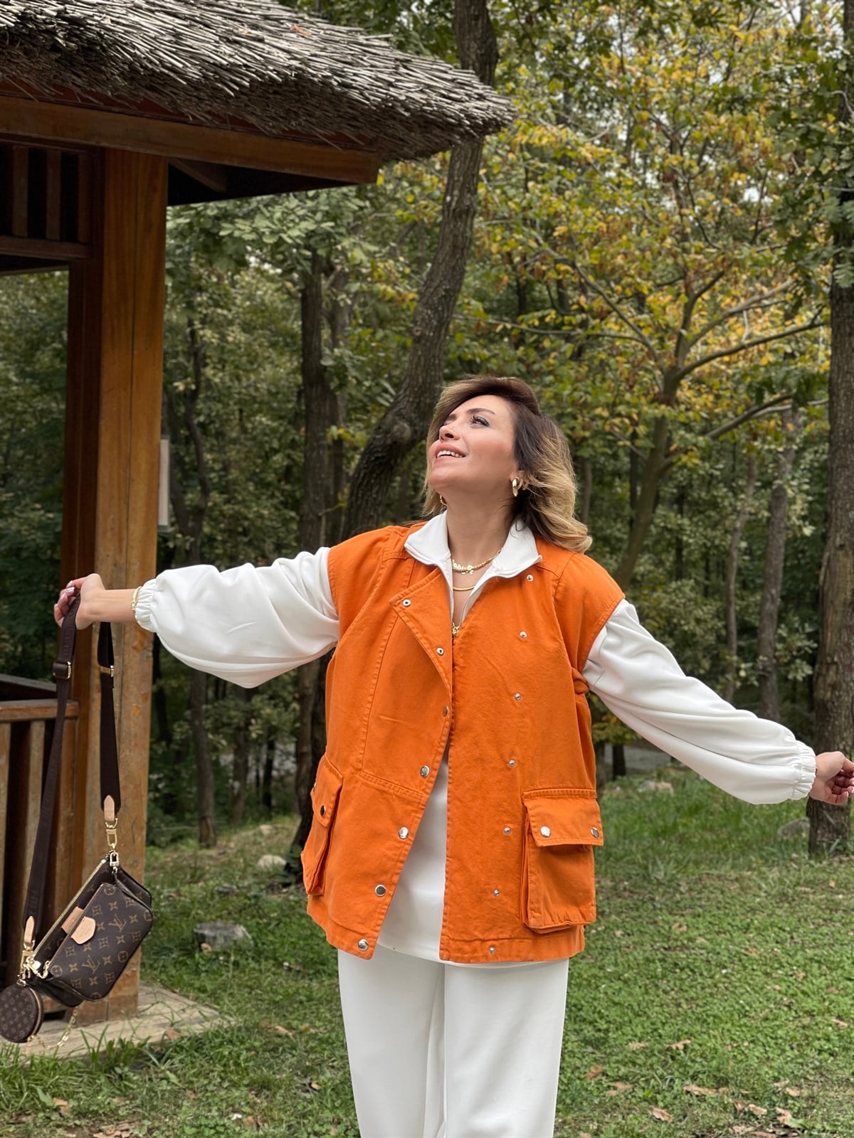 Gabardin Çıtçıtlı Tasarım Yelek (Oranj)