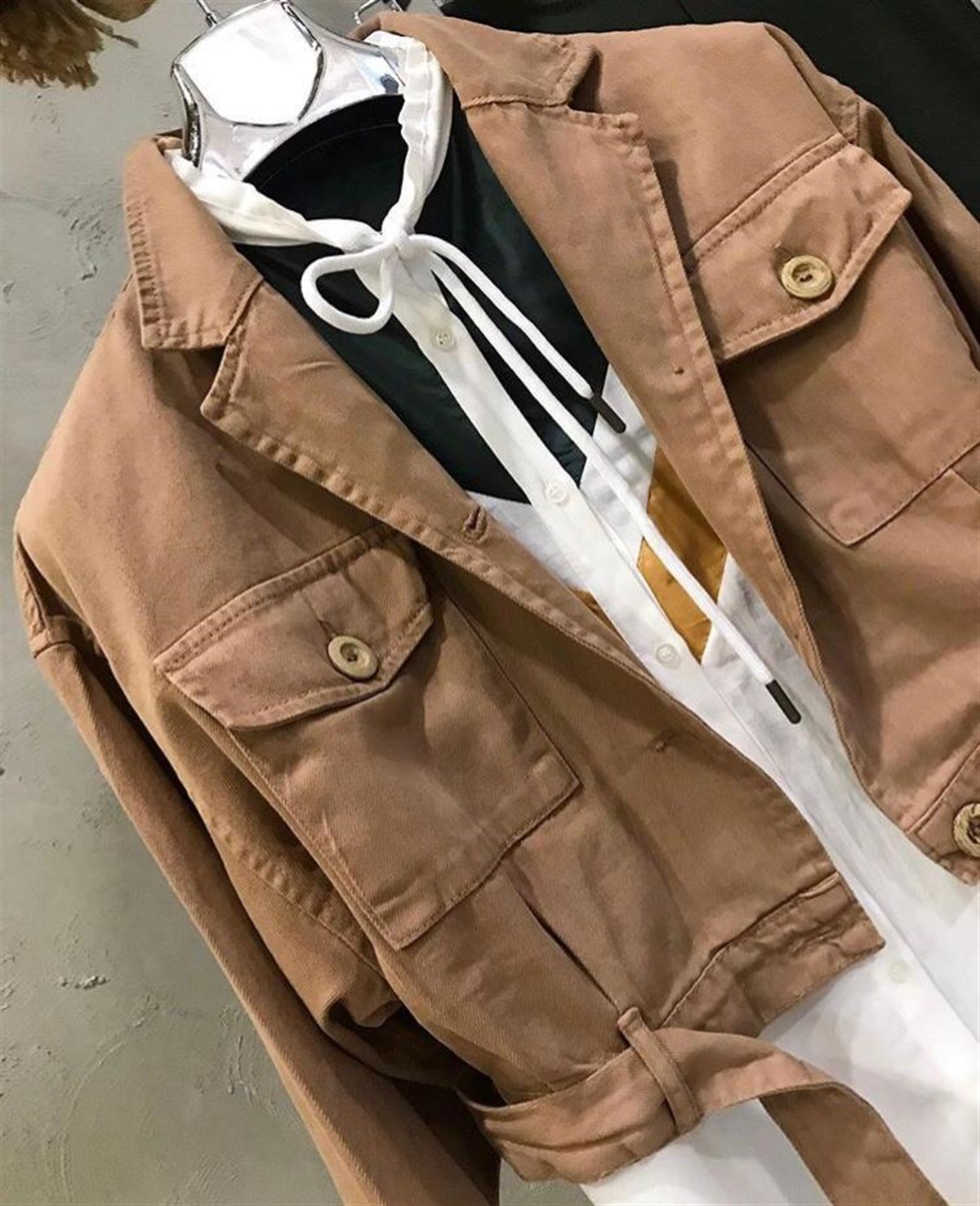 Gabardin Kumaş Kemerli Ceket (CAMEL&HAKİ)