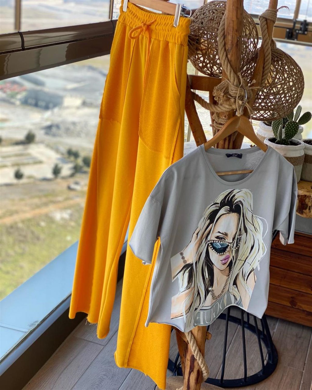 Geniş Paça İkiiplik Sweat Kumaş Pantolon (SARI)