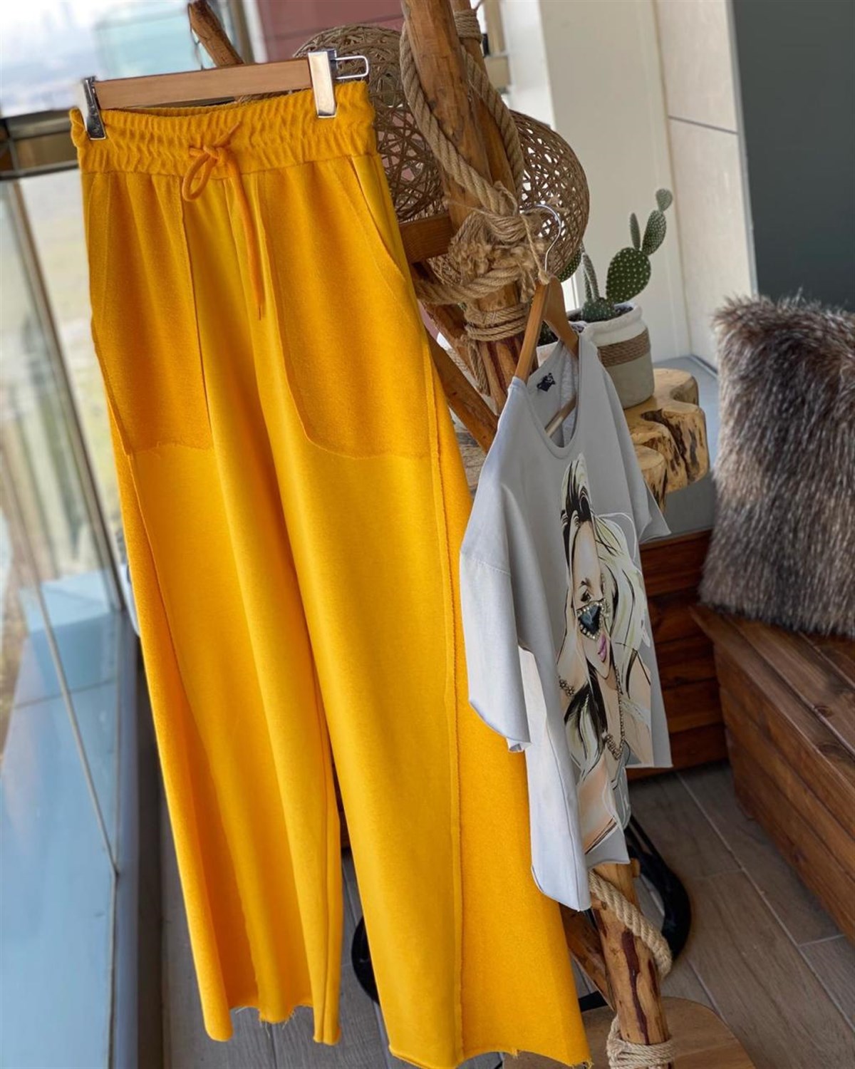 Geniş Paça İkiiplik Sweat Kumaş Pantolon (SARI)