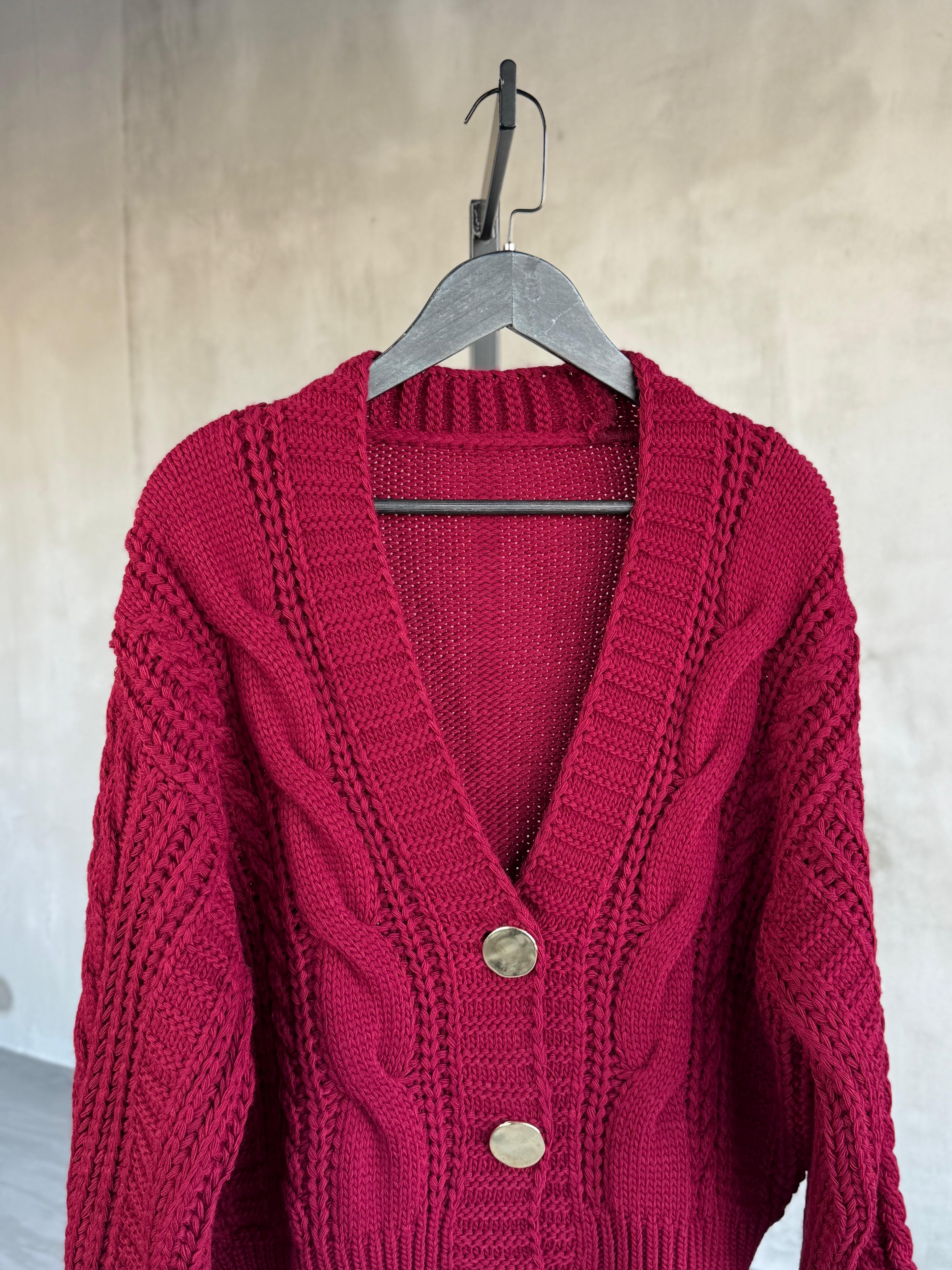 Gol Düğme Detaylı Çelik Örme Hırka (Bordo)