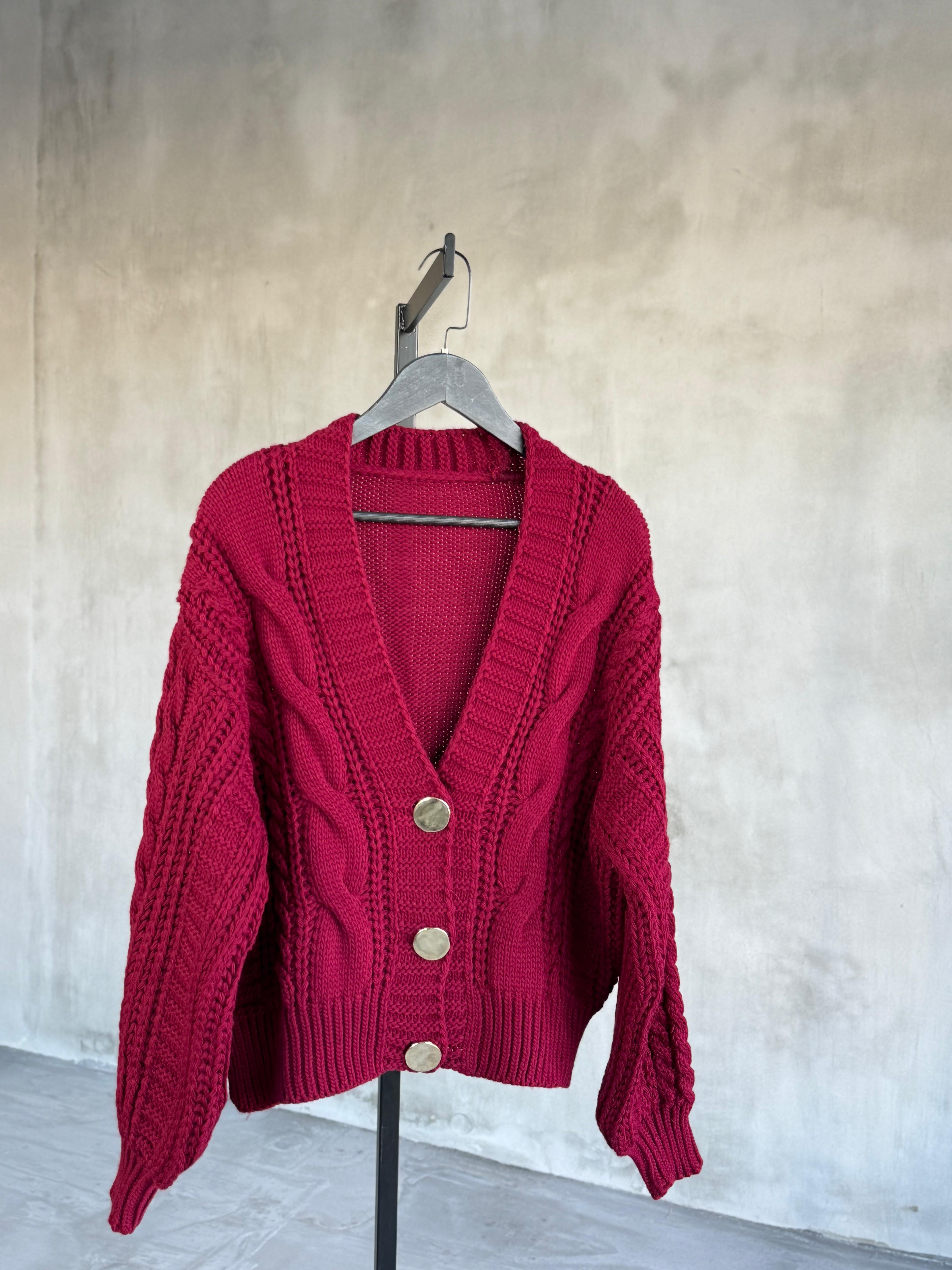 Gol Düğme Detaylı Çelik Örme Hırka (Bordo)