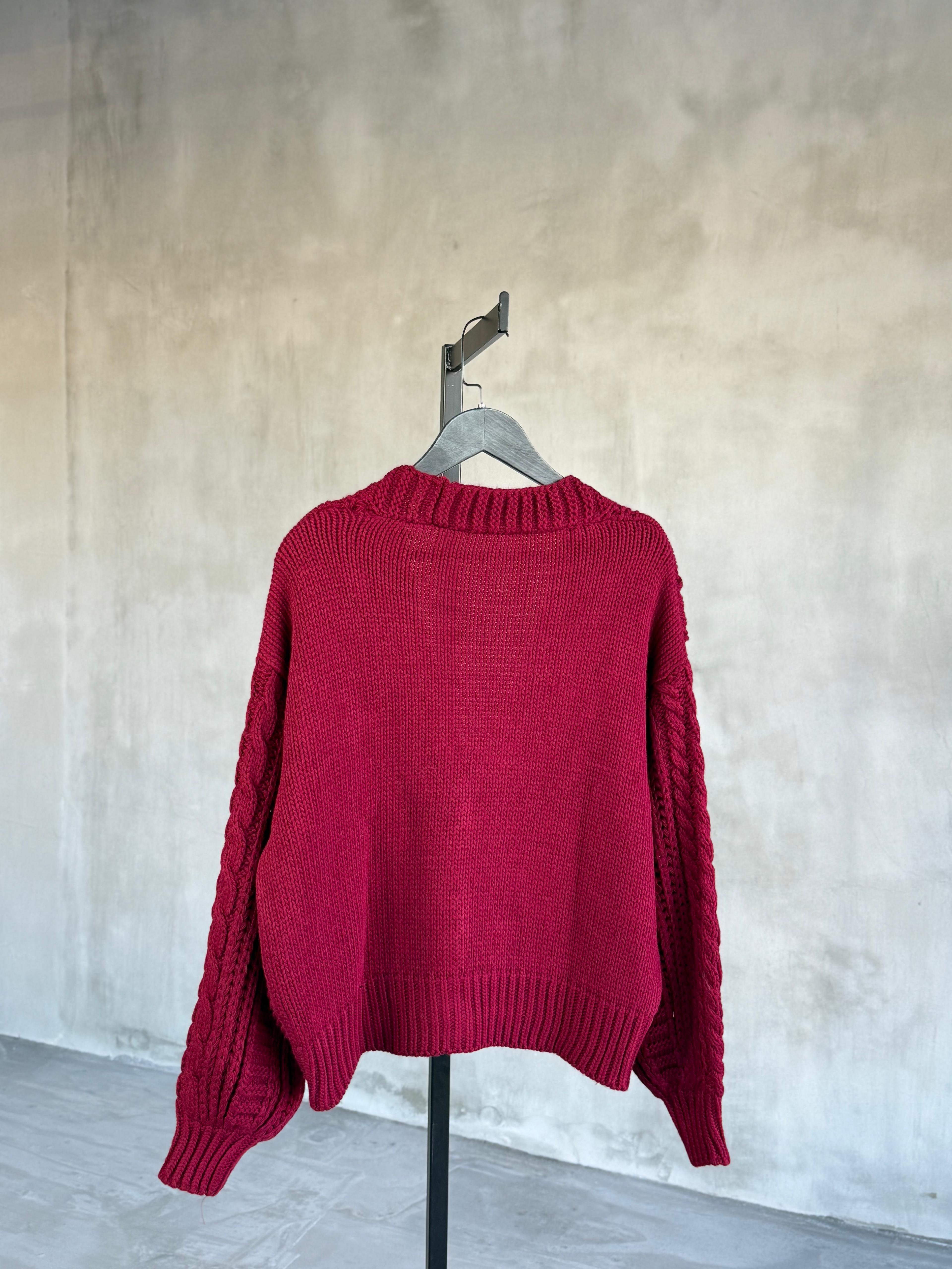 Gol Düğme Detaylı Çelik Örme Hırka (Bordo)