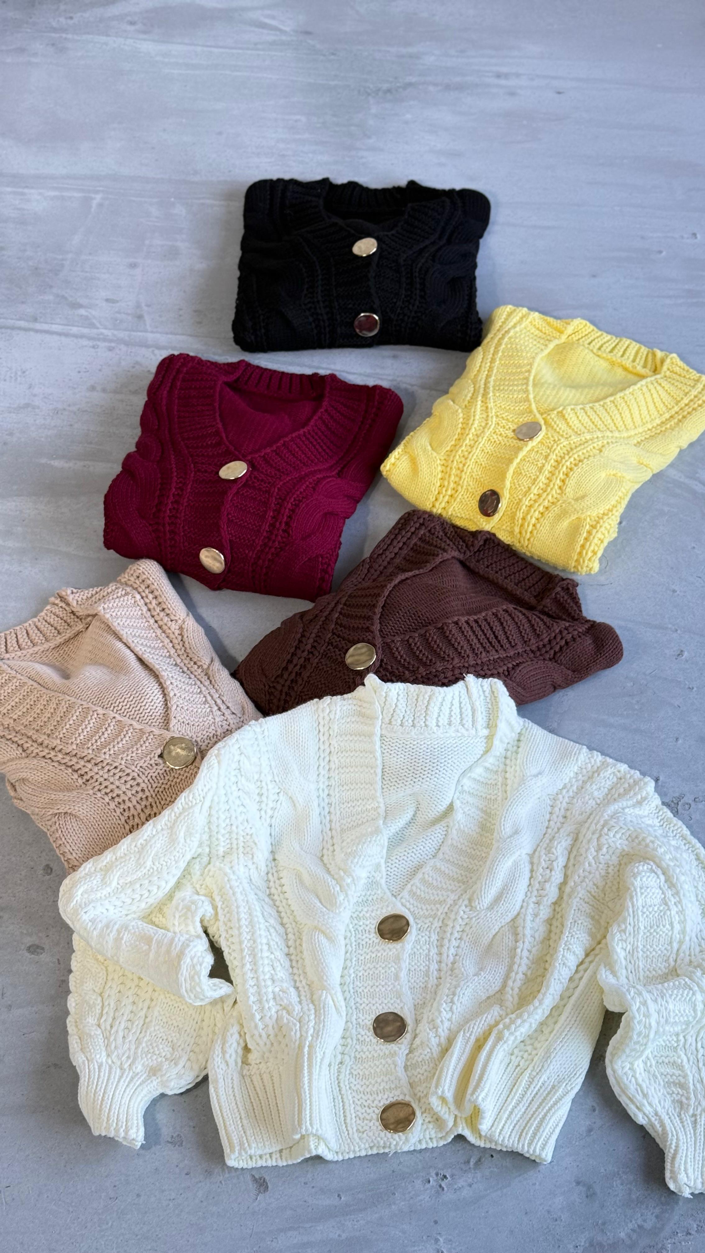 Gol Düğme Detaylı Çelik Örme Hırka (Sarı)