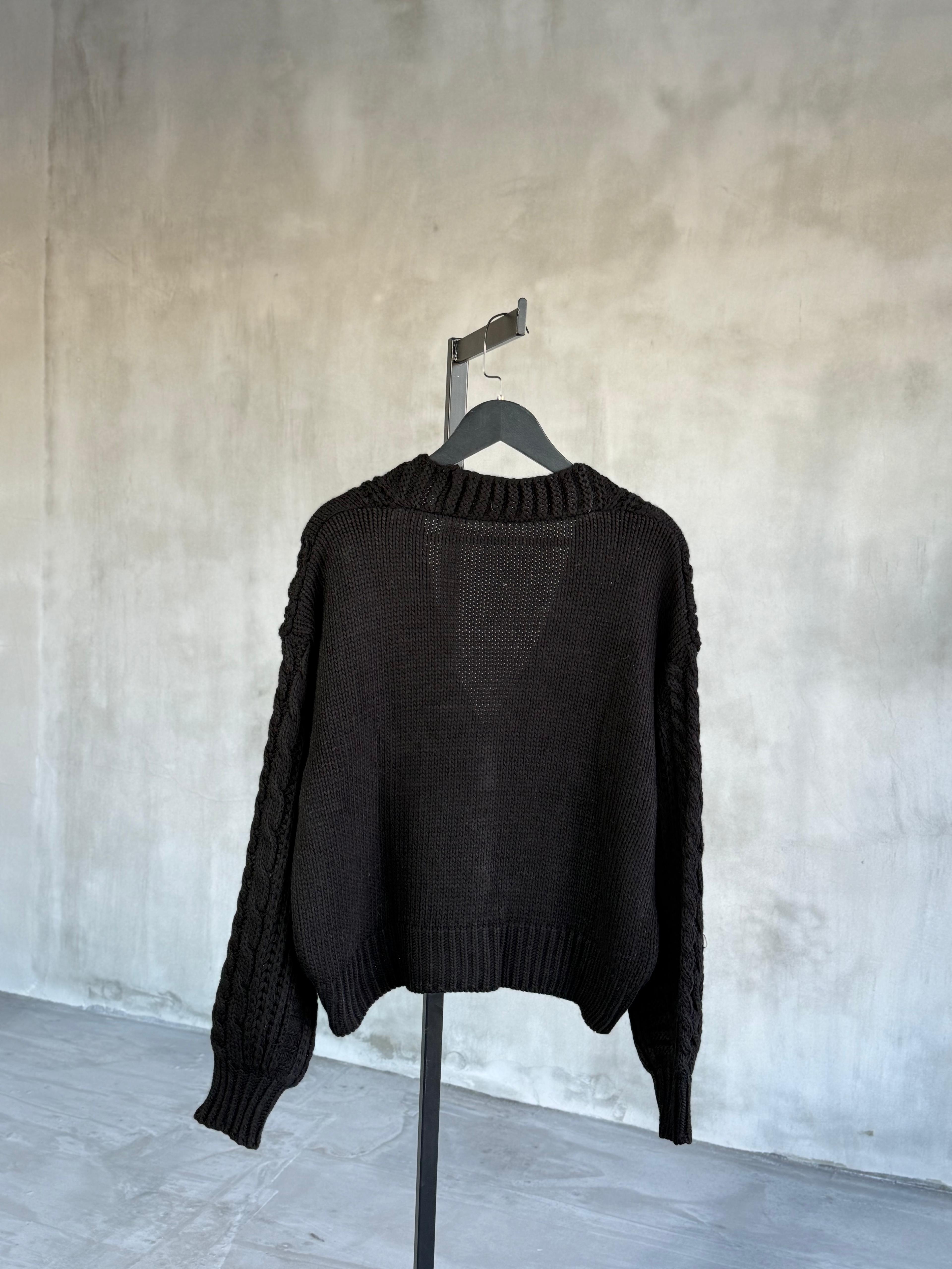 Gol Düğme Detaylı Çelik Örme Hırka (Siyah)