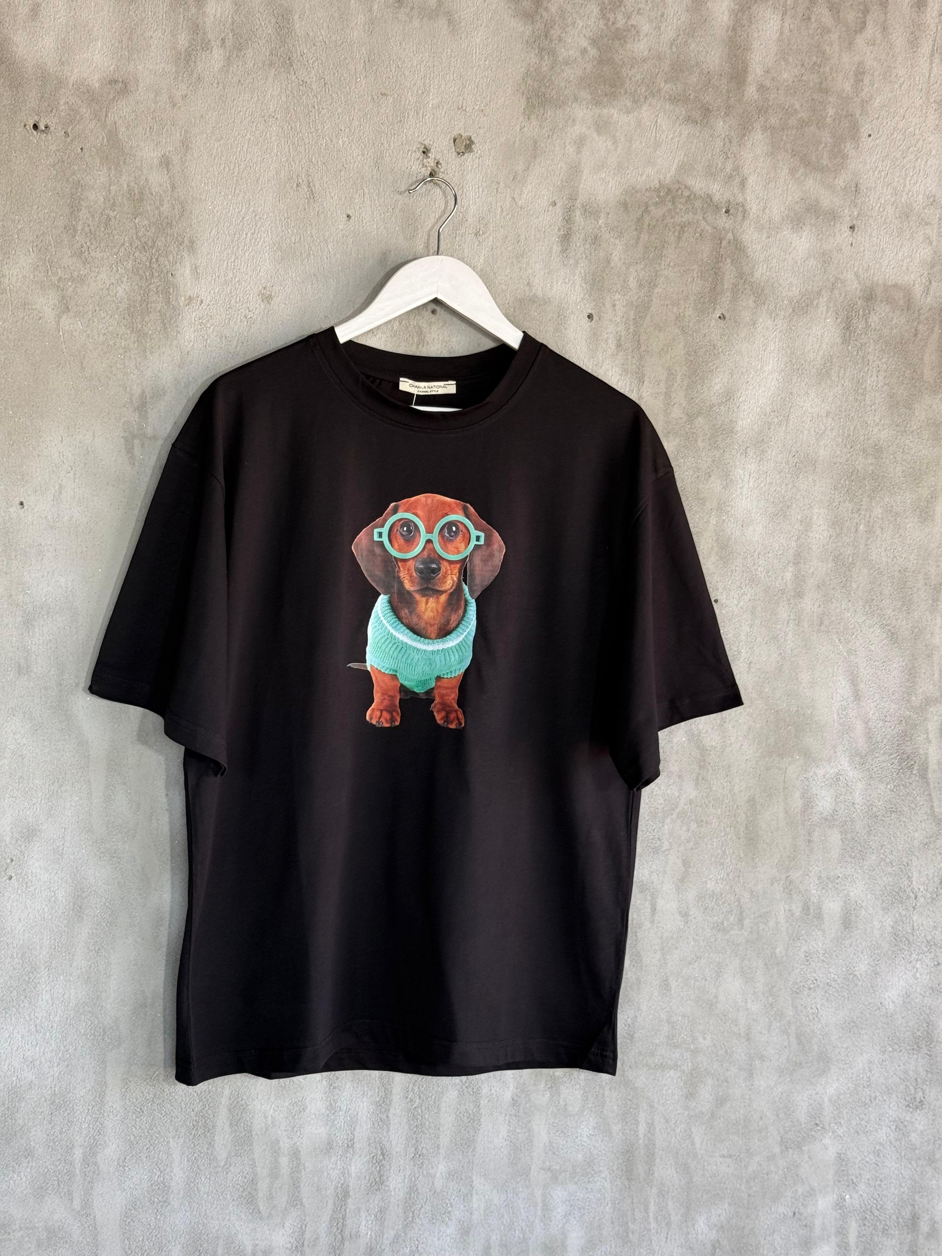 Gözlüklü Köpek Baskılı  Oversize Tişört (Siyah)