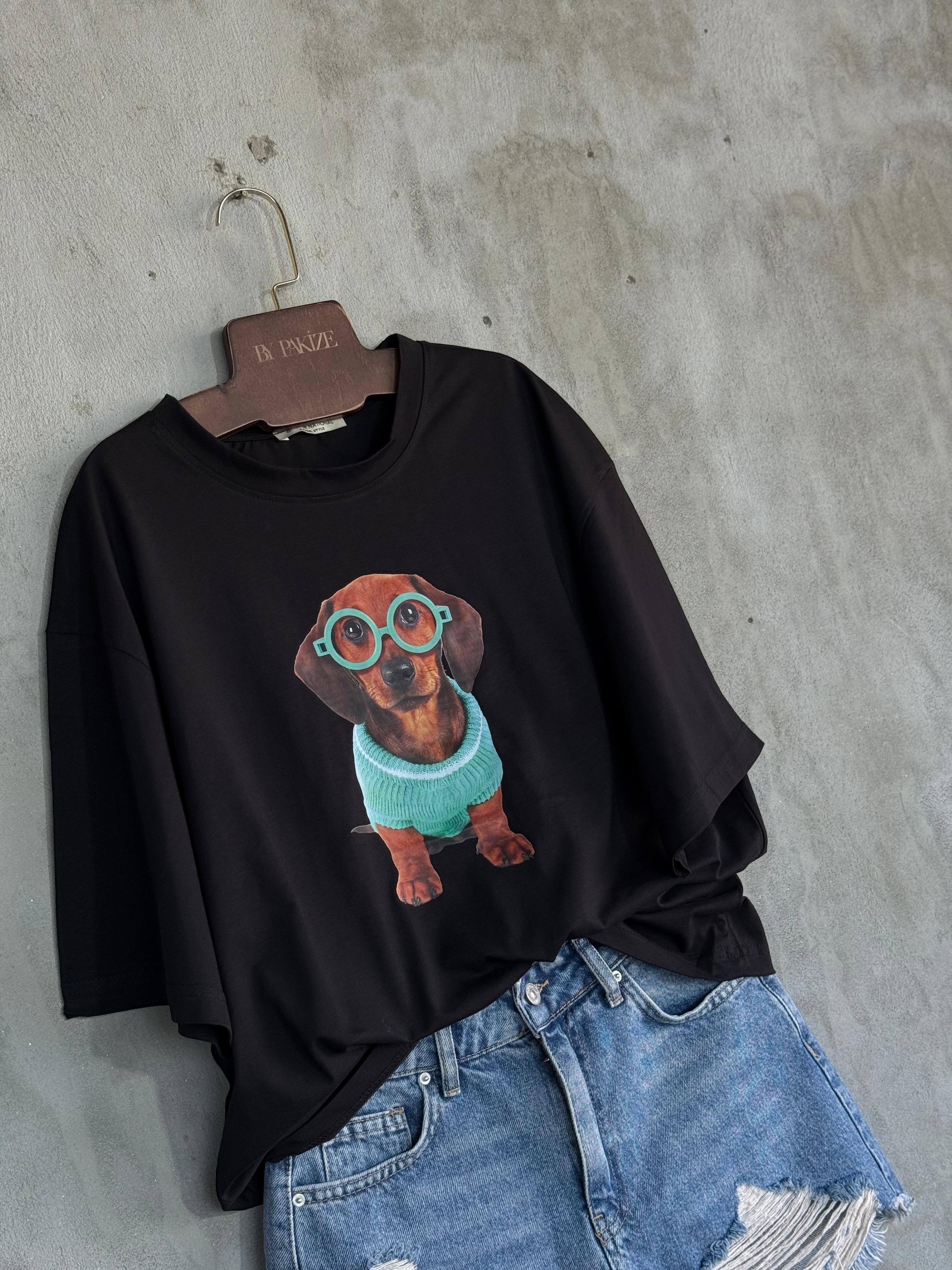 Gözlüklü Köpek Baskılı  Oversize Tişört (Siyah)