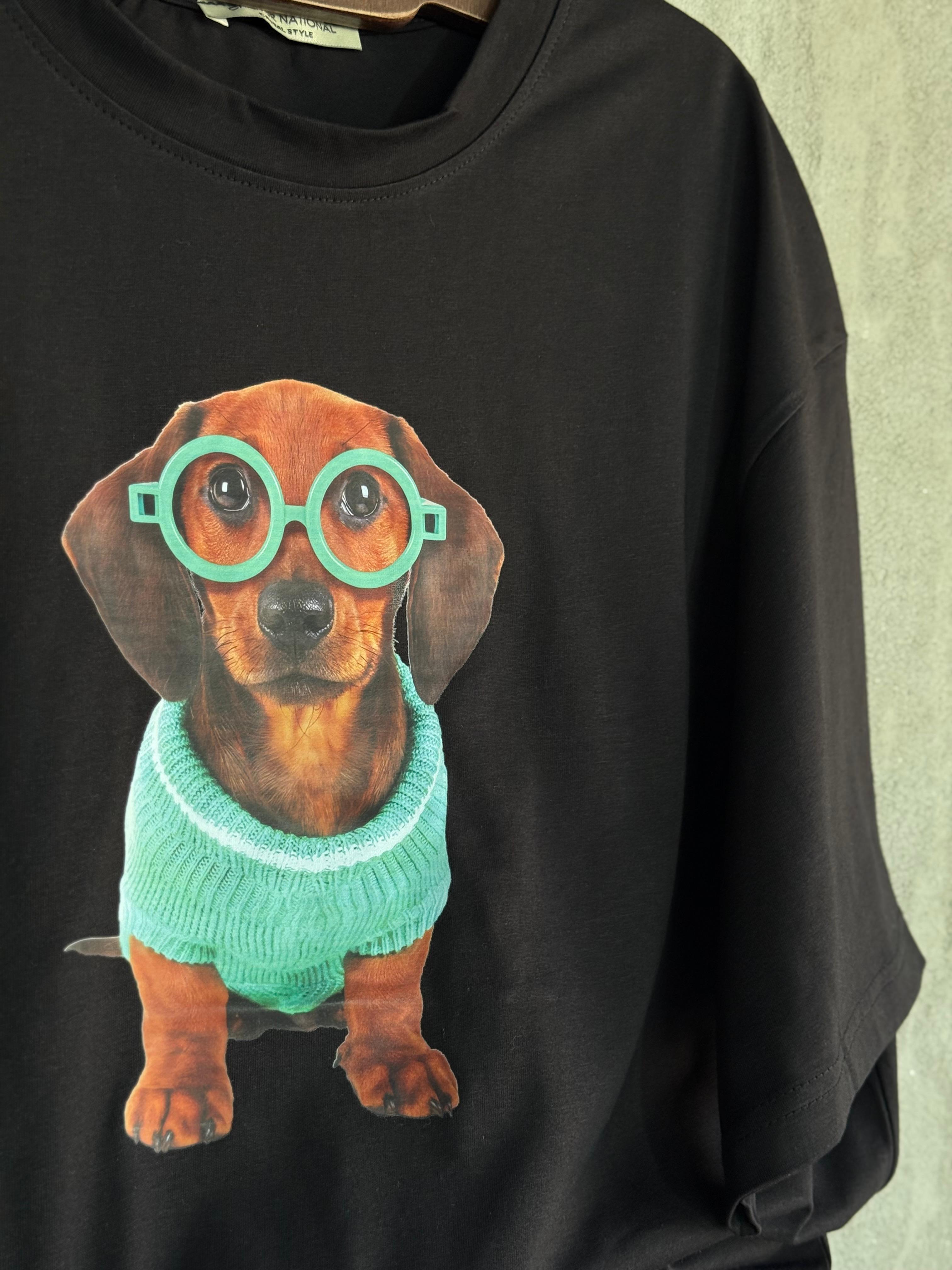 Gözlüklü Köpek Baskılı  Oversize Tişört (Siyah)