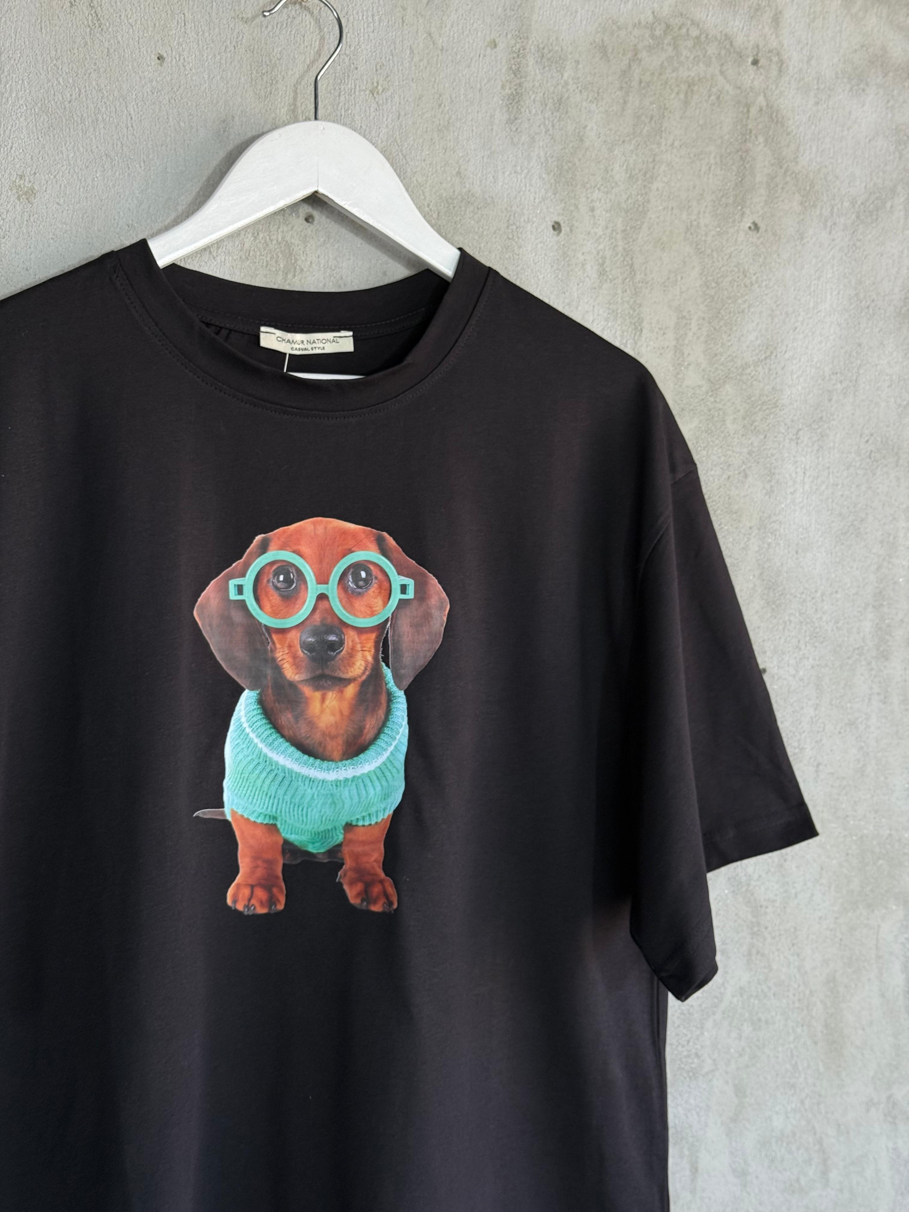 Gözlüklü Köpek Baskılı  Oversize Tişört (Siyah)