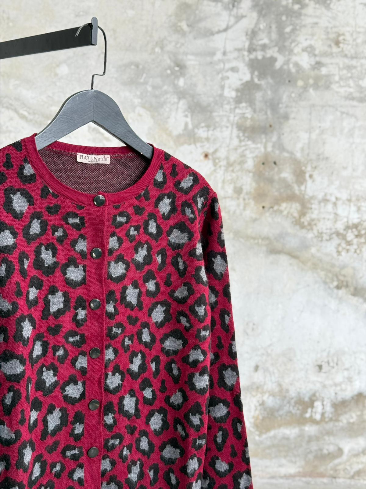 Gri Leopar Desenli Triko Hırka (Bordo )