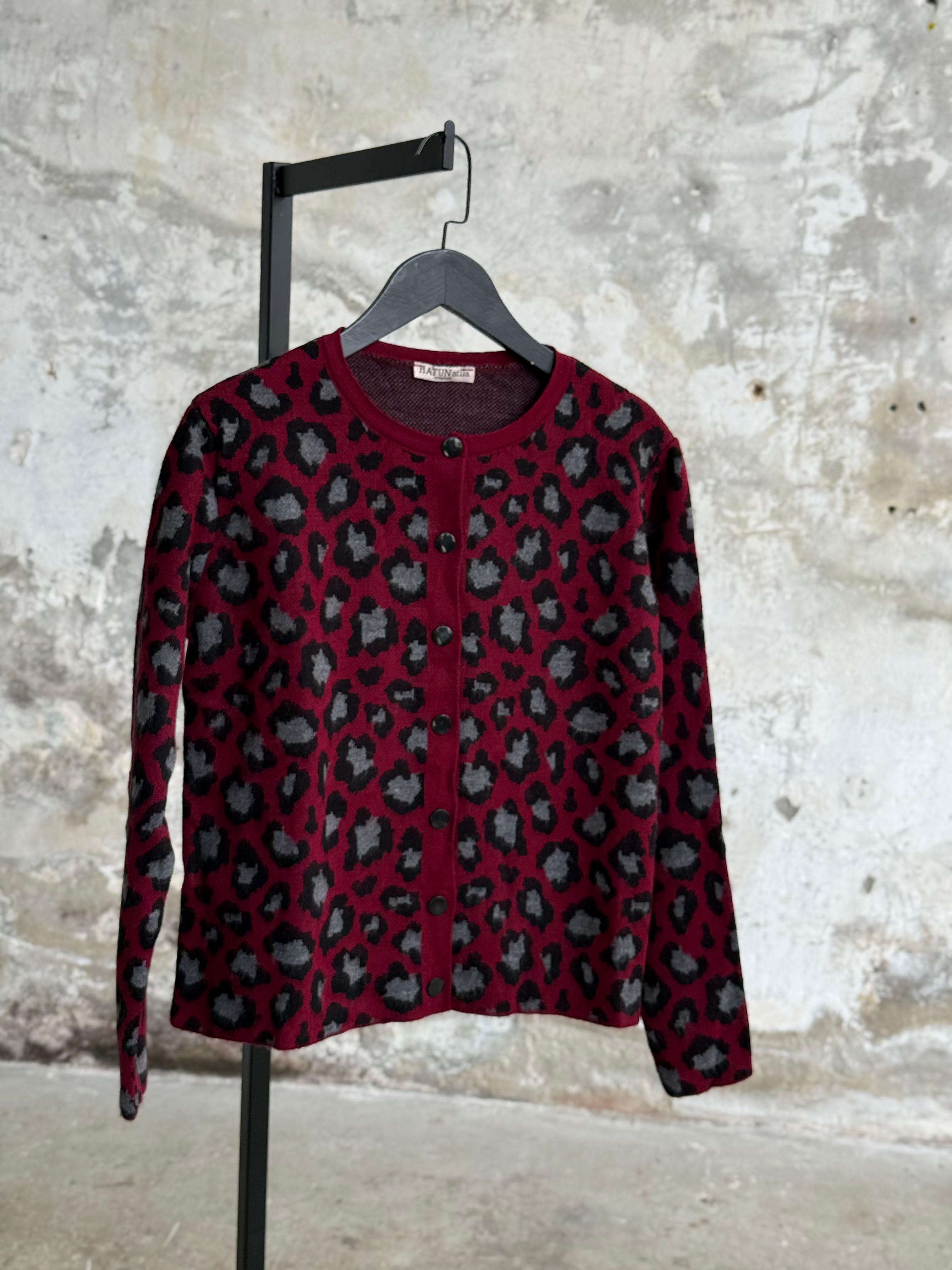 Gri Leopar Desenli Triko Hırka (Bordo )