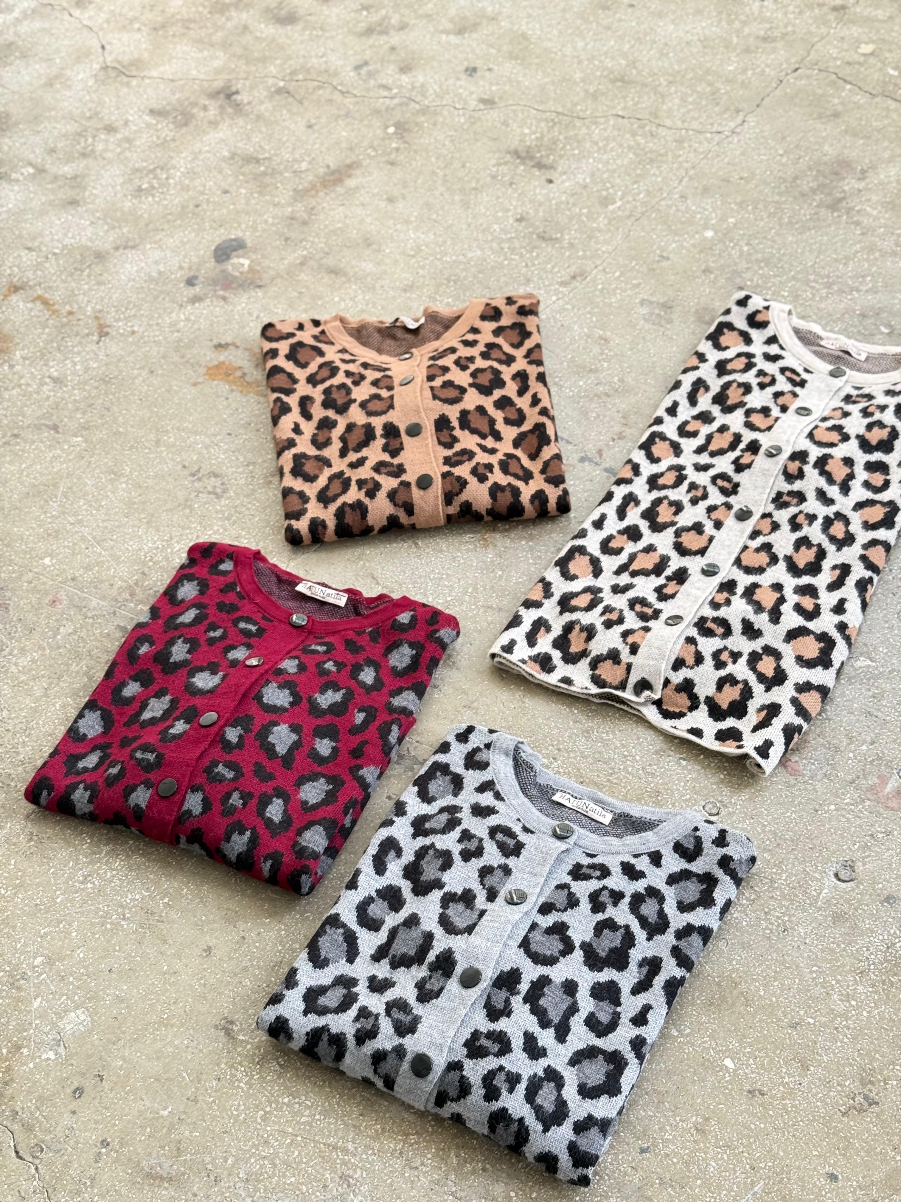 Gri Leopar Desenli Triko Hırka (Bordo )