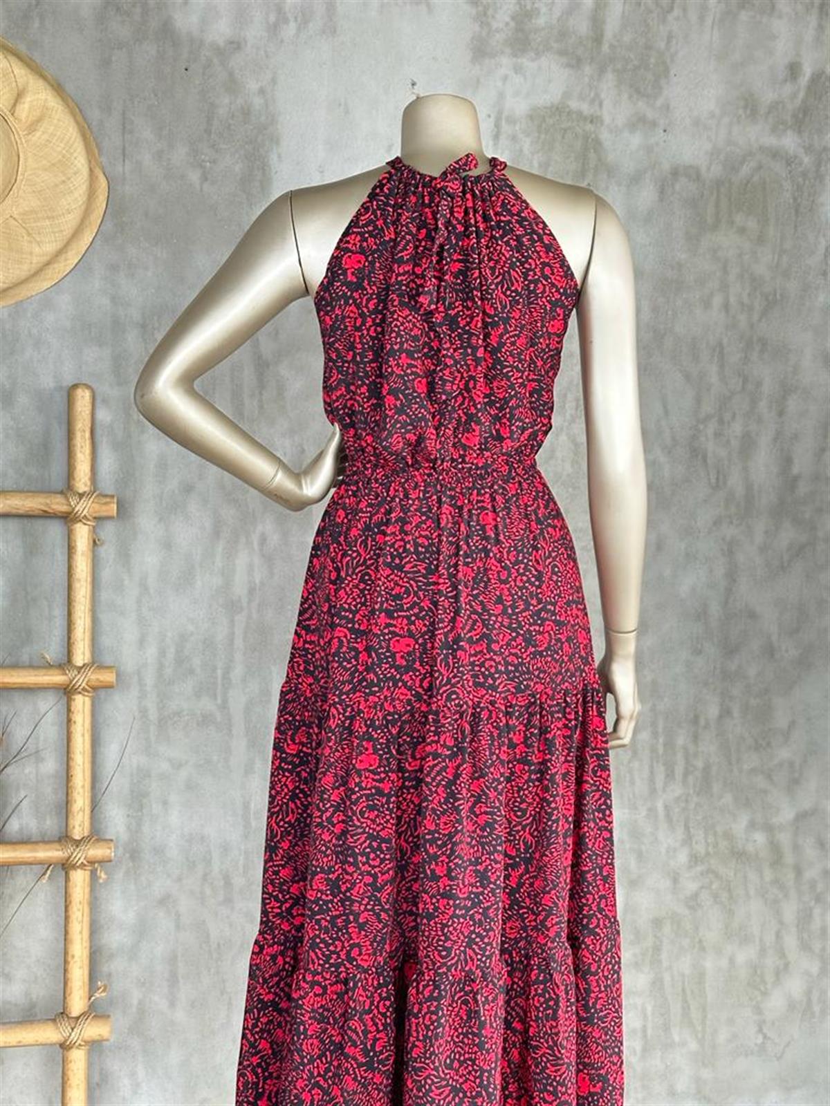 Halter Yaka Desenli Elbise (Kırmızı)