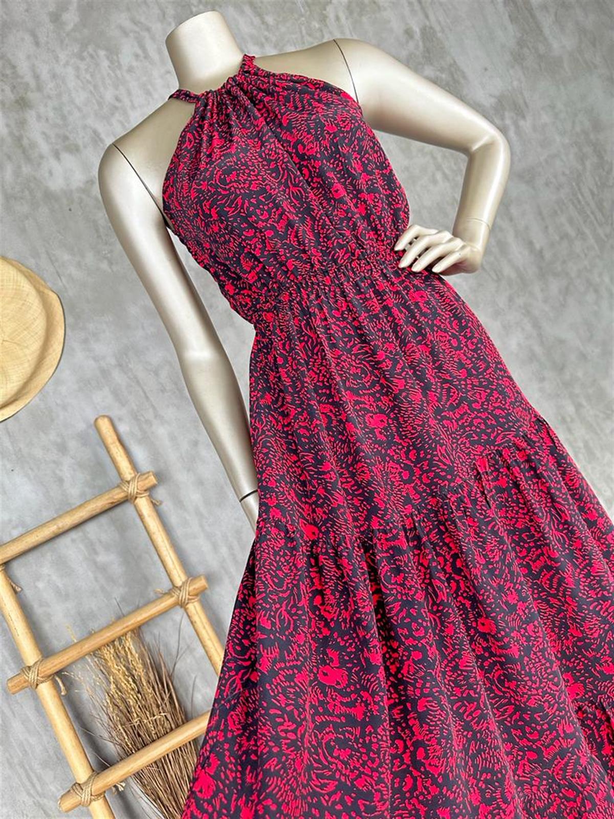 Halter Yaka Desenli Elbise (Kırmızı)