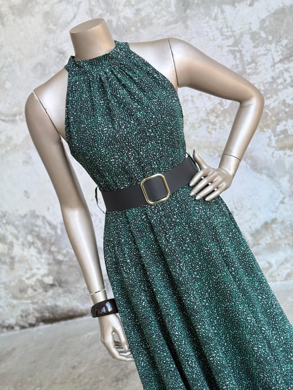 Halter Yaka Desenli Kemerli Şifon Elbise (Mavi)