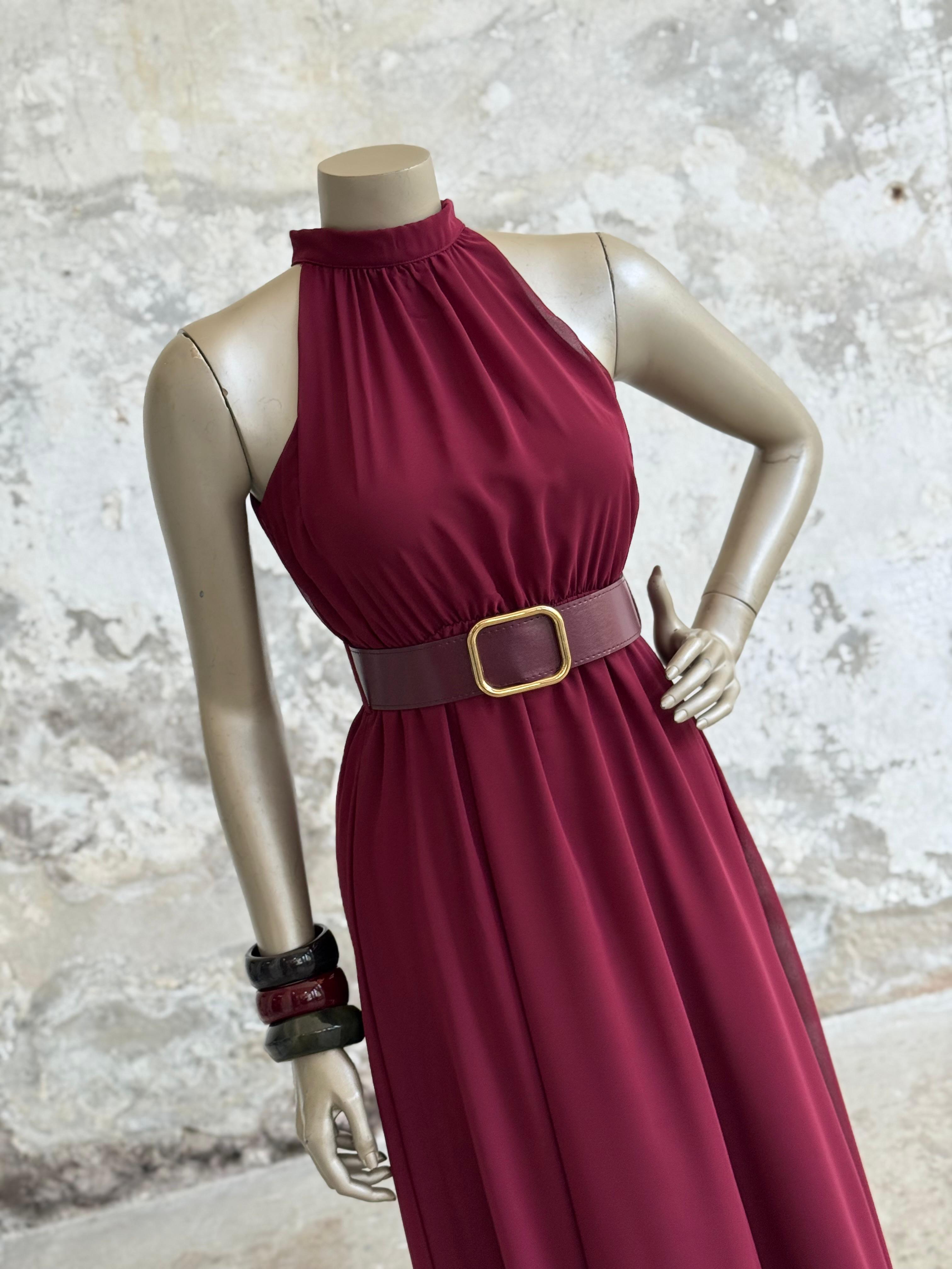 Halter Yaka Kemerli Şifon Elbise (Bordo)