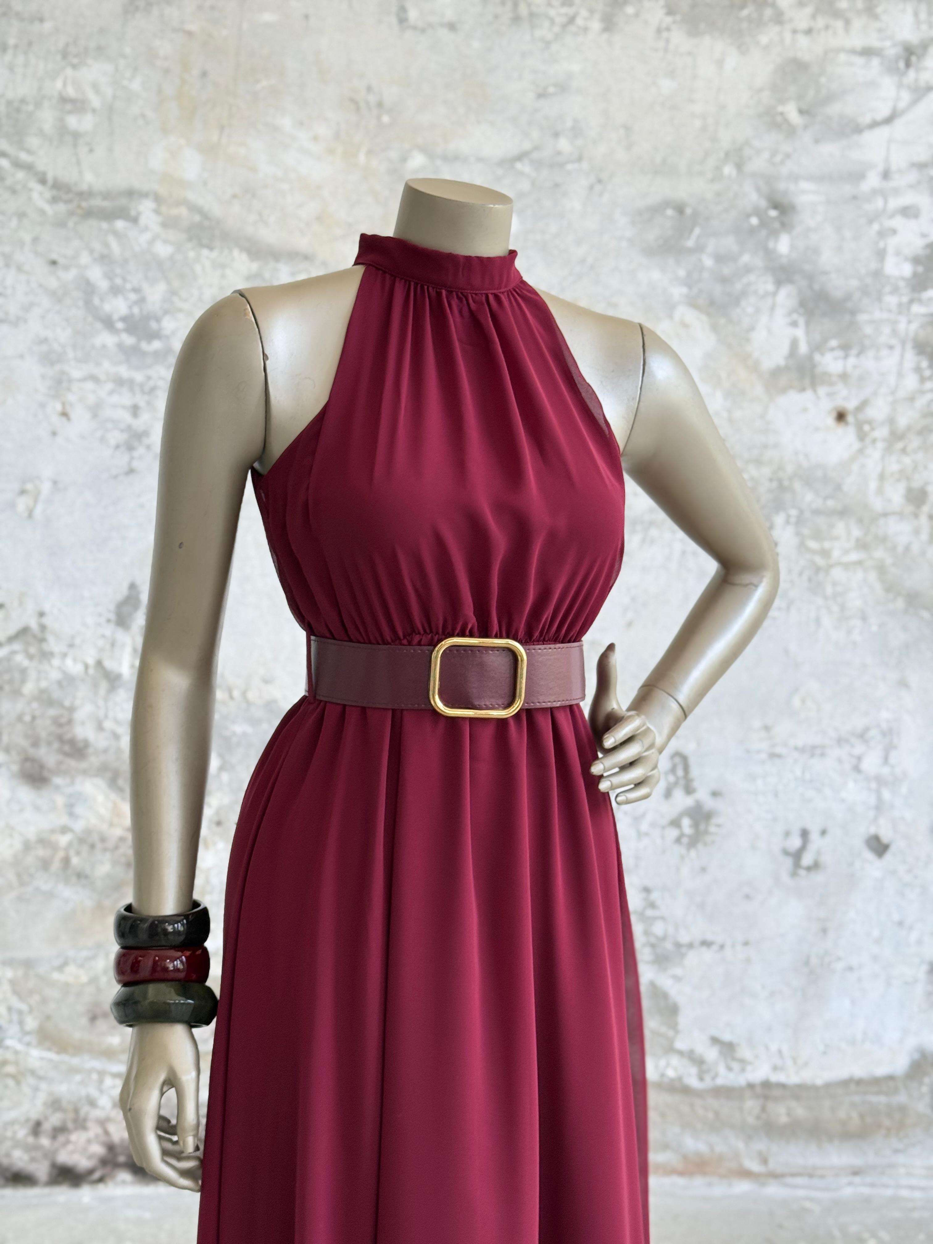 Halter Yaka Kemerli Şifon Elbise (Bordo)