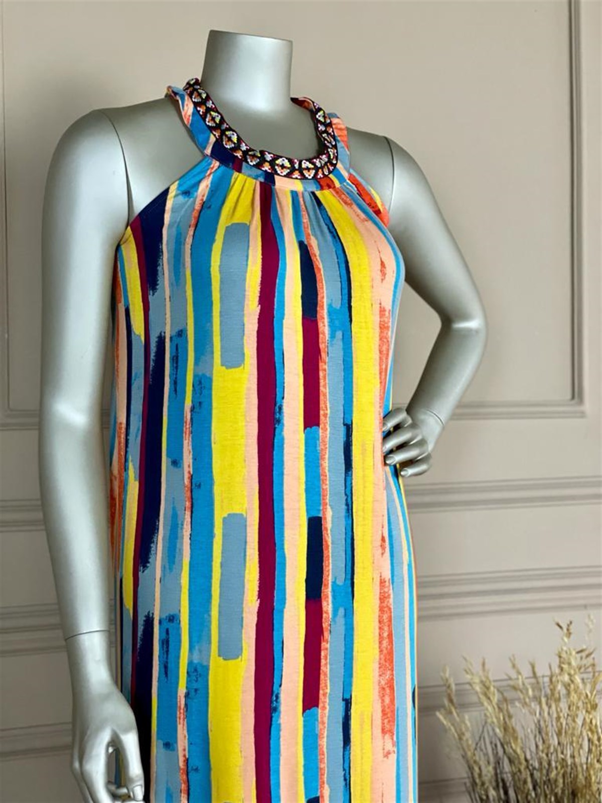 Halter Yaka Midi Boy Elbise