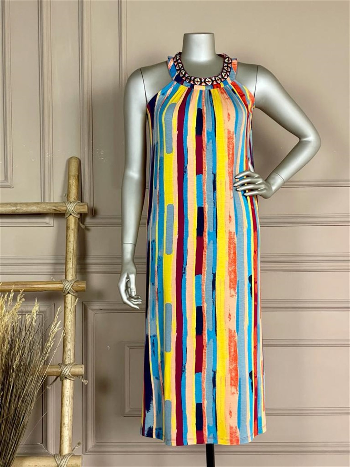 Halter Yaka Midi Boy Elbise