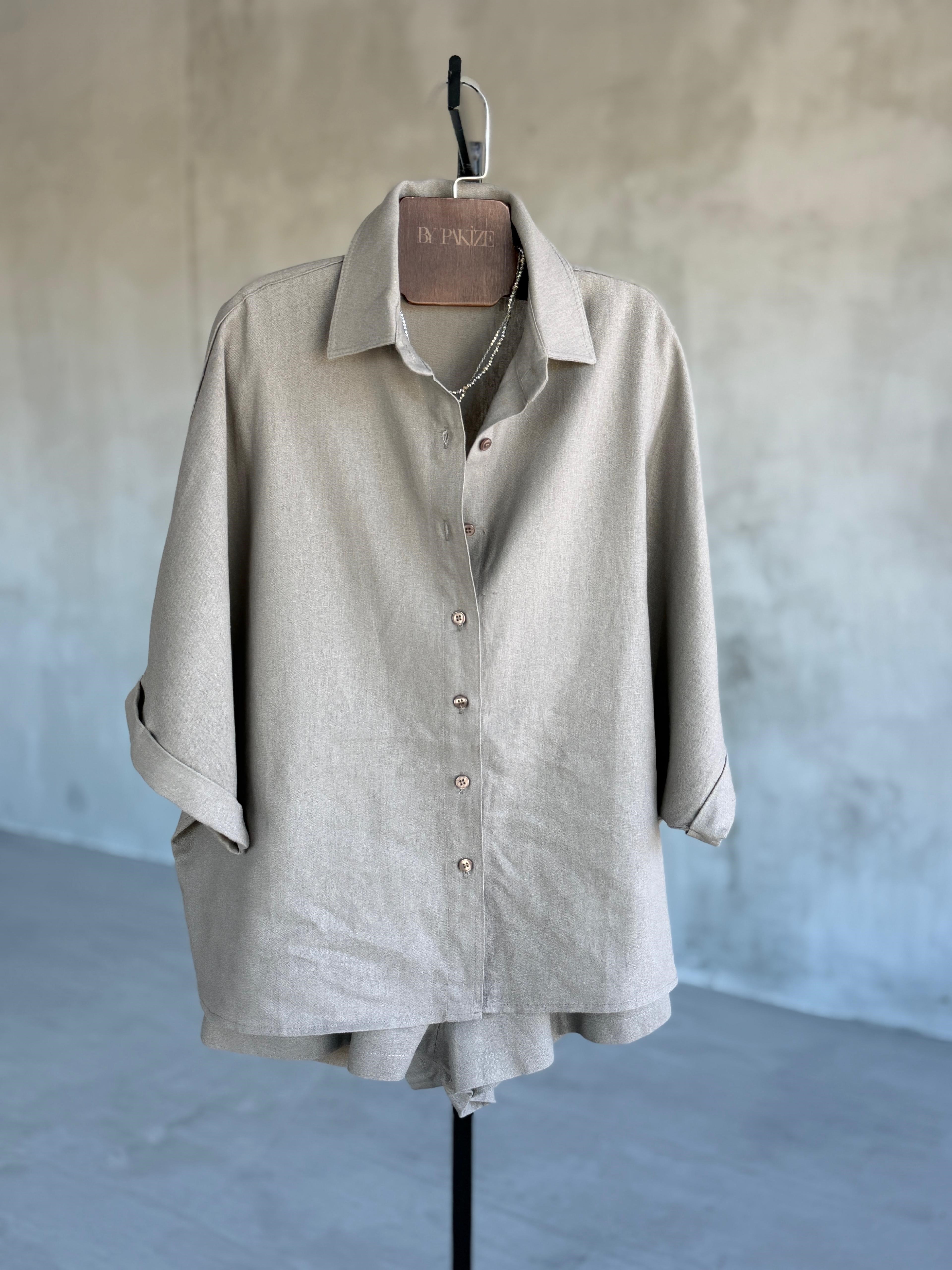 Hasır Kemerli Premium Keten Şort Takım (Olive)