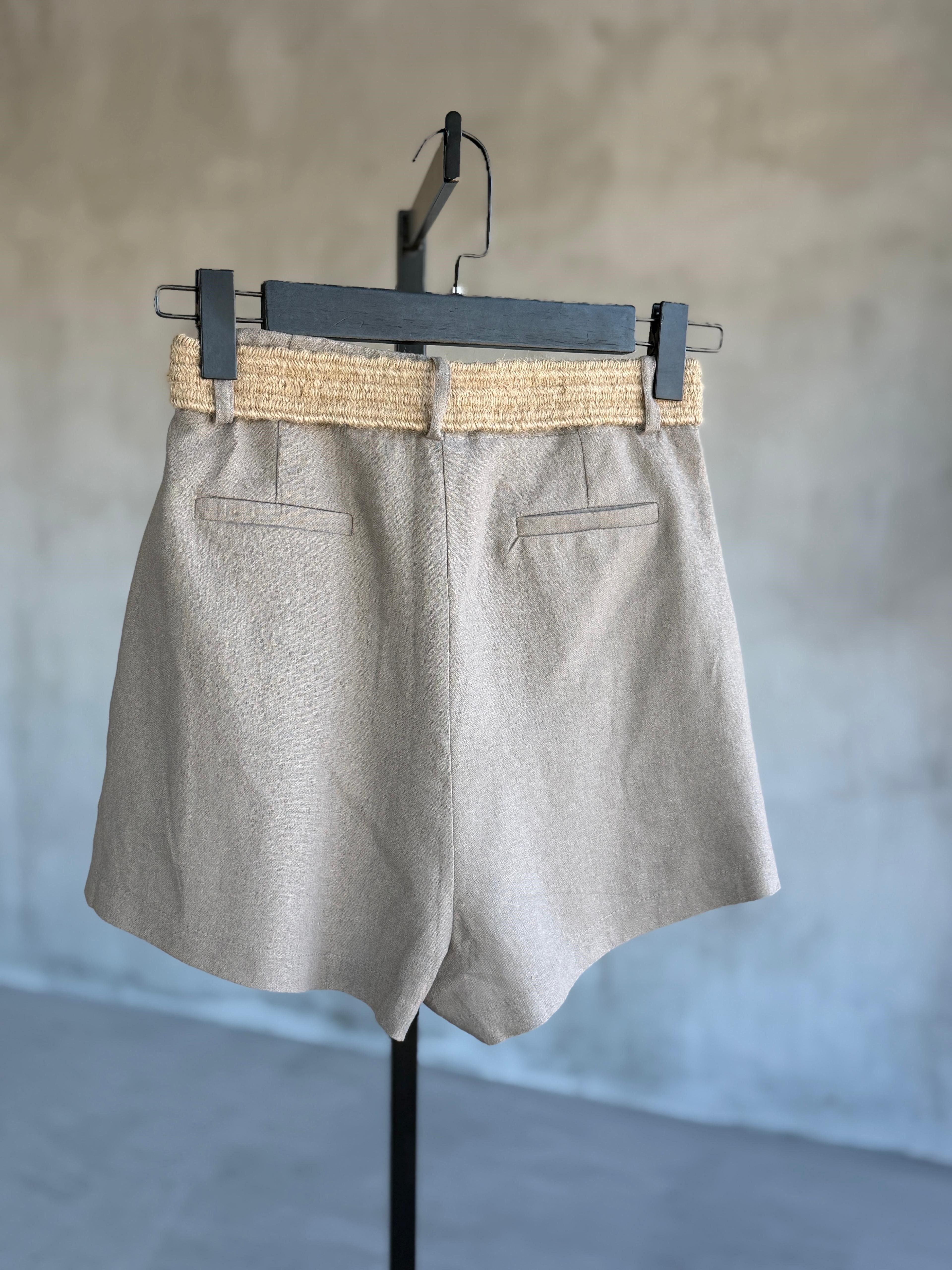 Hasır Kemerli Premium Keten Şort Takım (Olive)