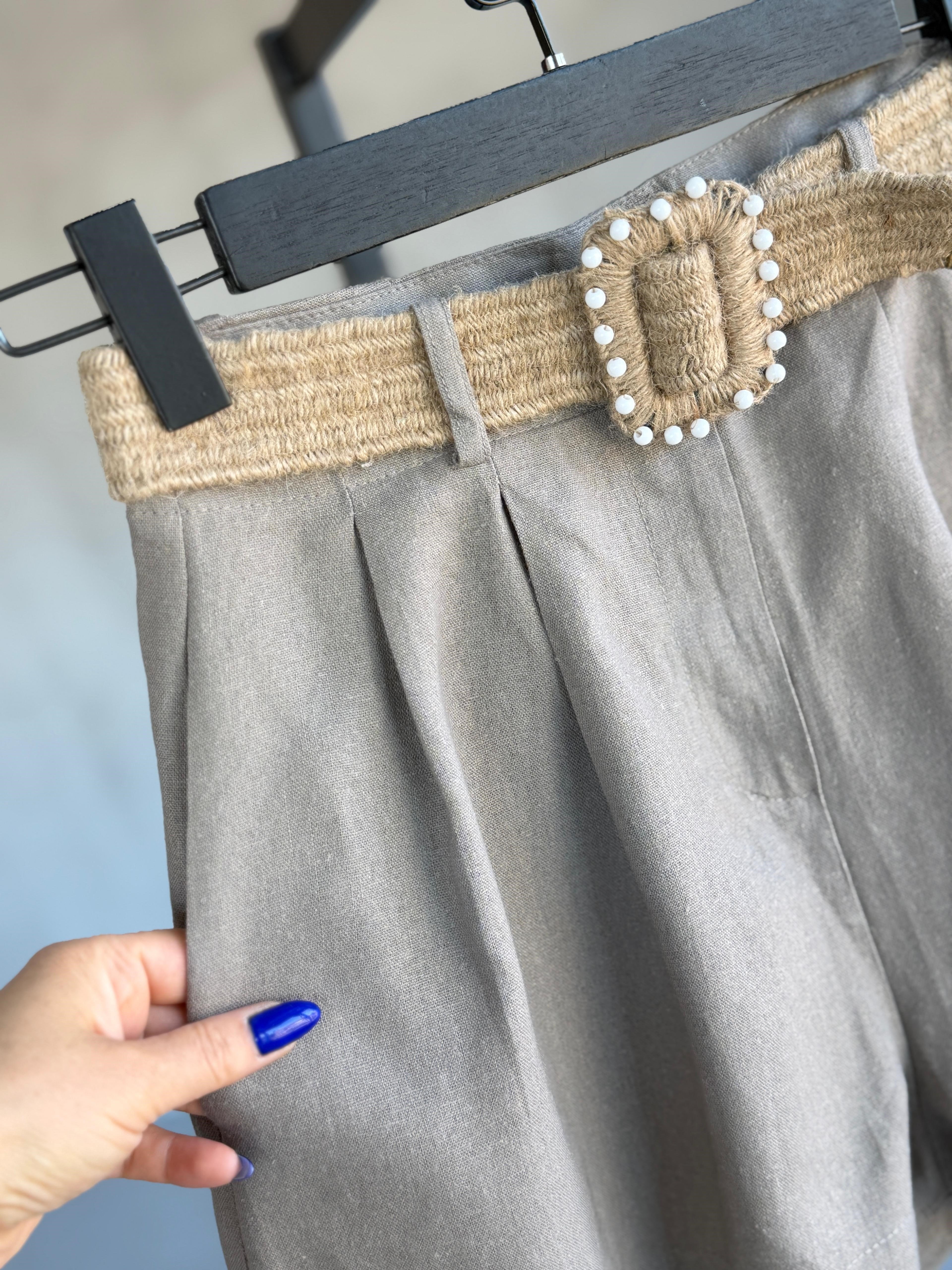 Hasır Kemerli Premium Keten Şort Takım (Olive)