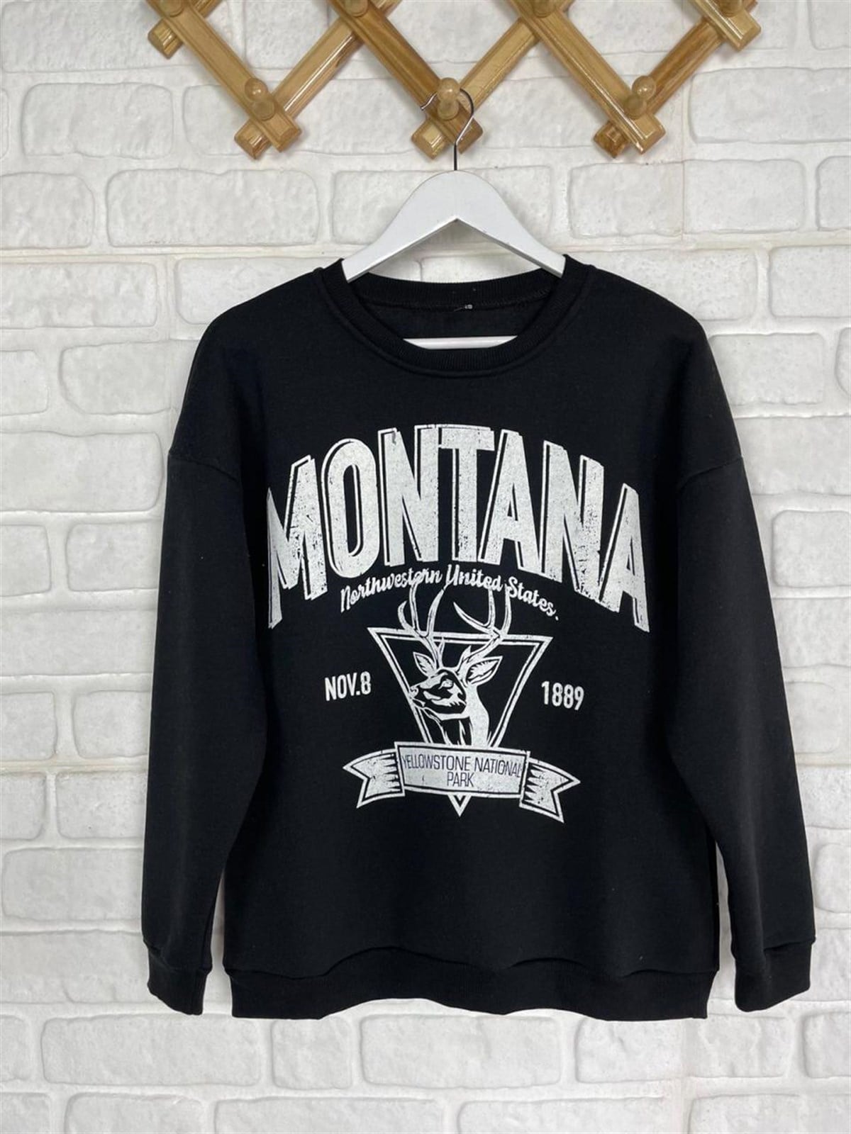 İkiiplik Kumaş İçi Şardonlu Yazı Baskılı Sweatshirt (SİYAH)