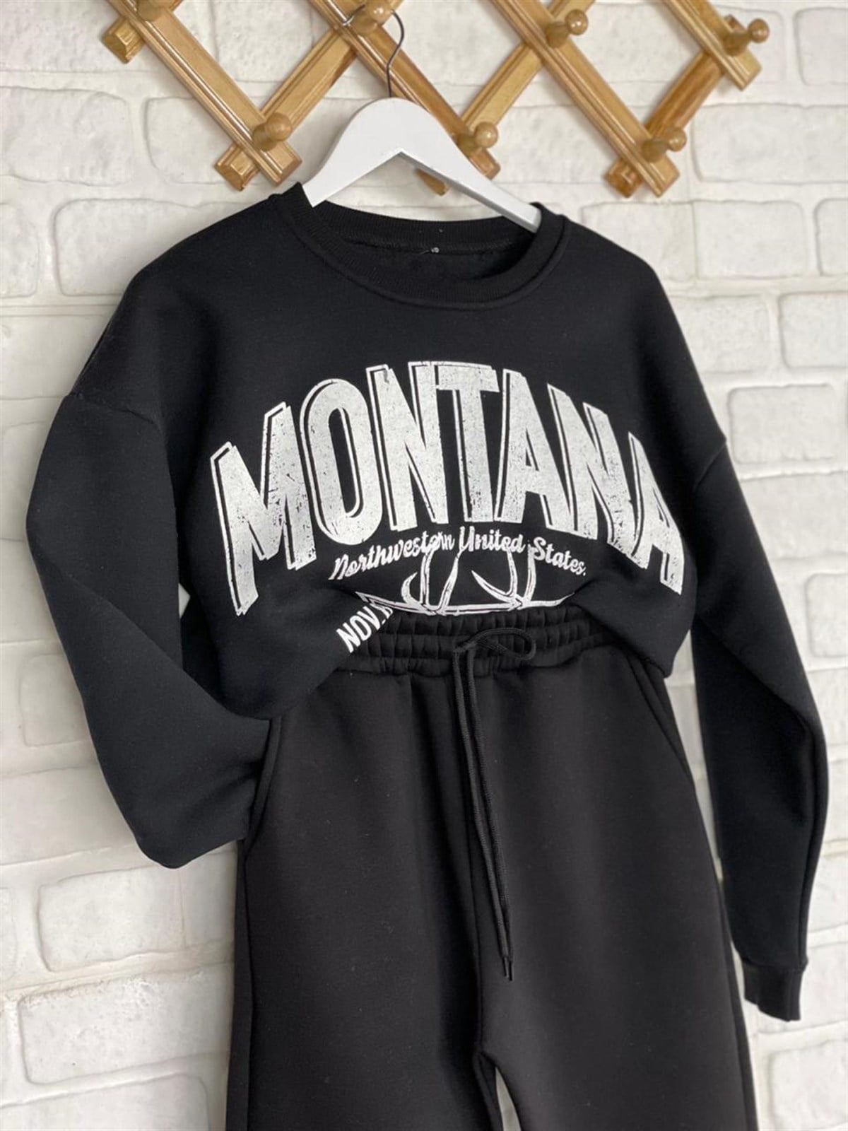İkiiplik Kumaş İçi Şardonlu Yazı Baskılı Sweatshirt (SİYAH)