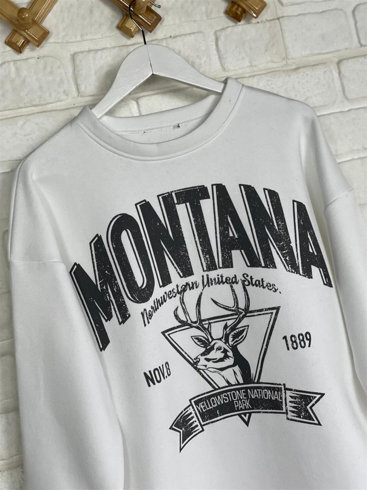 İkiiplik Kumaş İçi Şardonlu Yazı Baskılı Sweatshirt (BEYAZ)