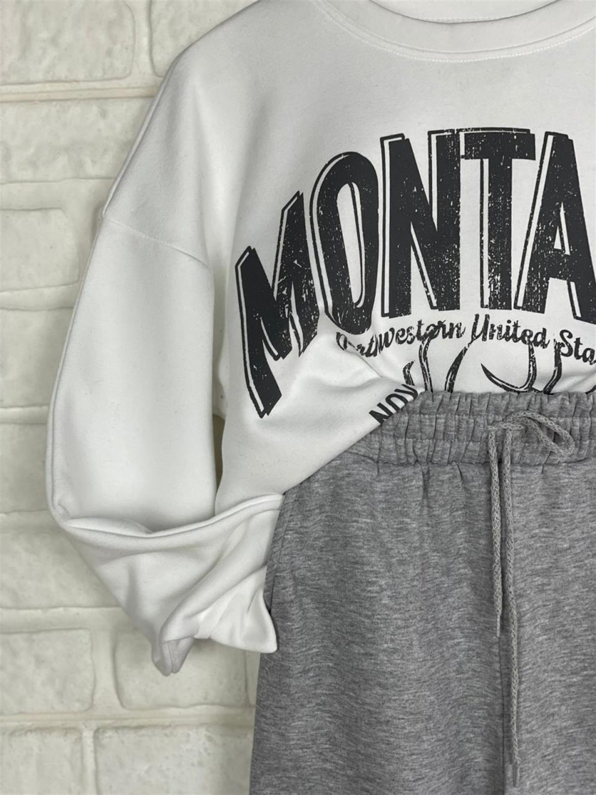 İkiiplik Kumaş İçi Şardonlu Yazı Baskılı Sweatshirt (BEYAZ)