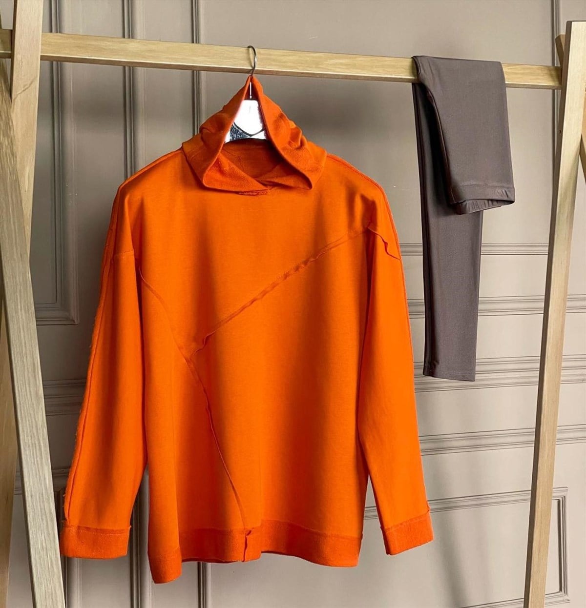 İkiiplik Kumaş Kapşonlu Sweatshirt (ORANJ)