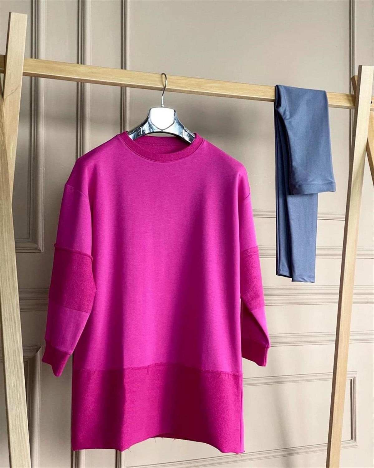 İkiiplik Sweat Kumaş Tunik Sweatshirt (FUŞYA)