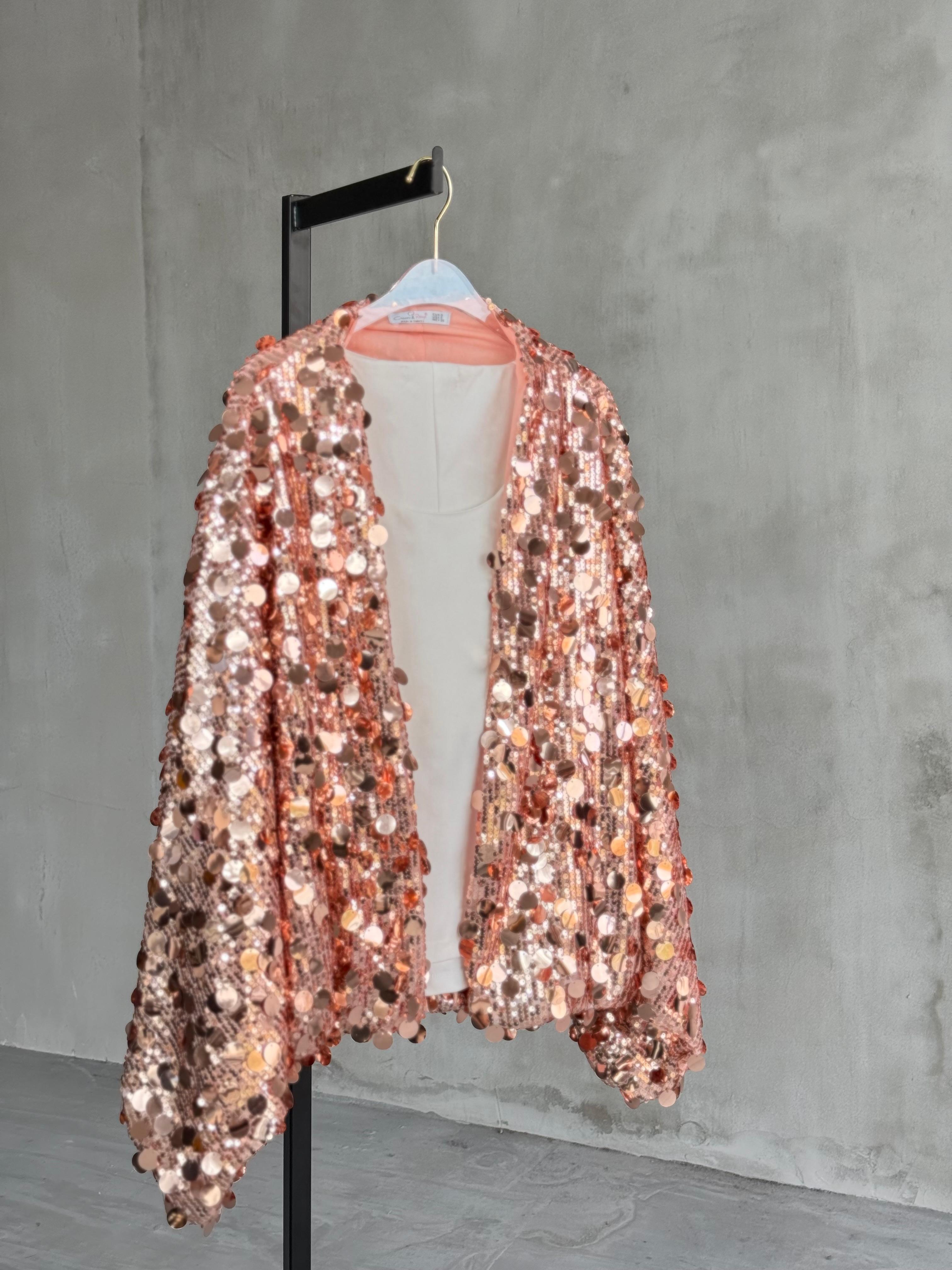 İri Pul Payetli Bomber Ceket (Pudra)