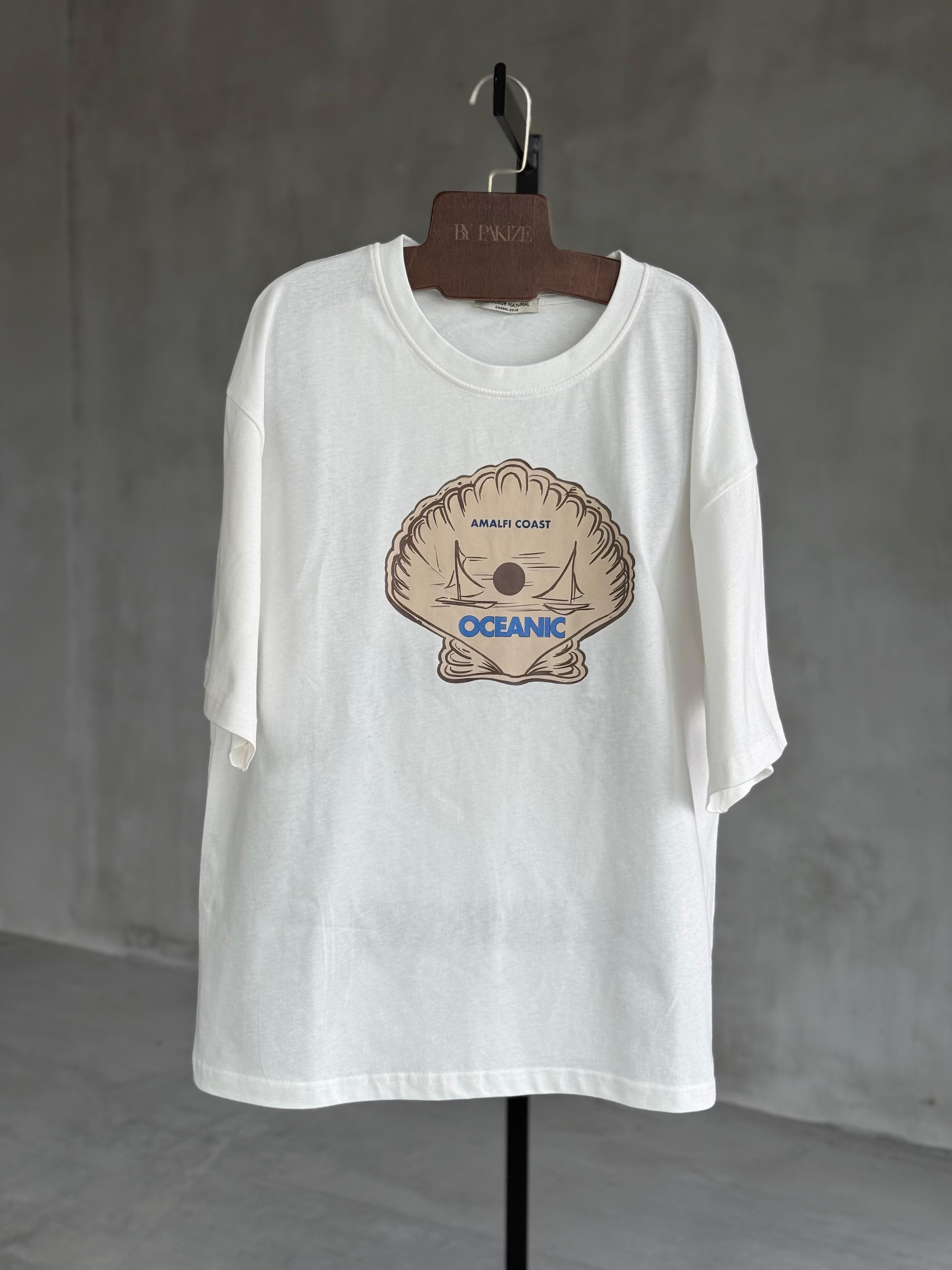İstiridye Baskılı Oversize Dokuma Tişört (Beyaz)