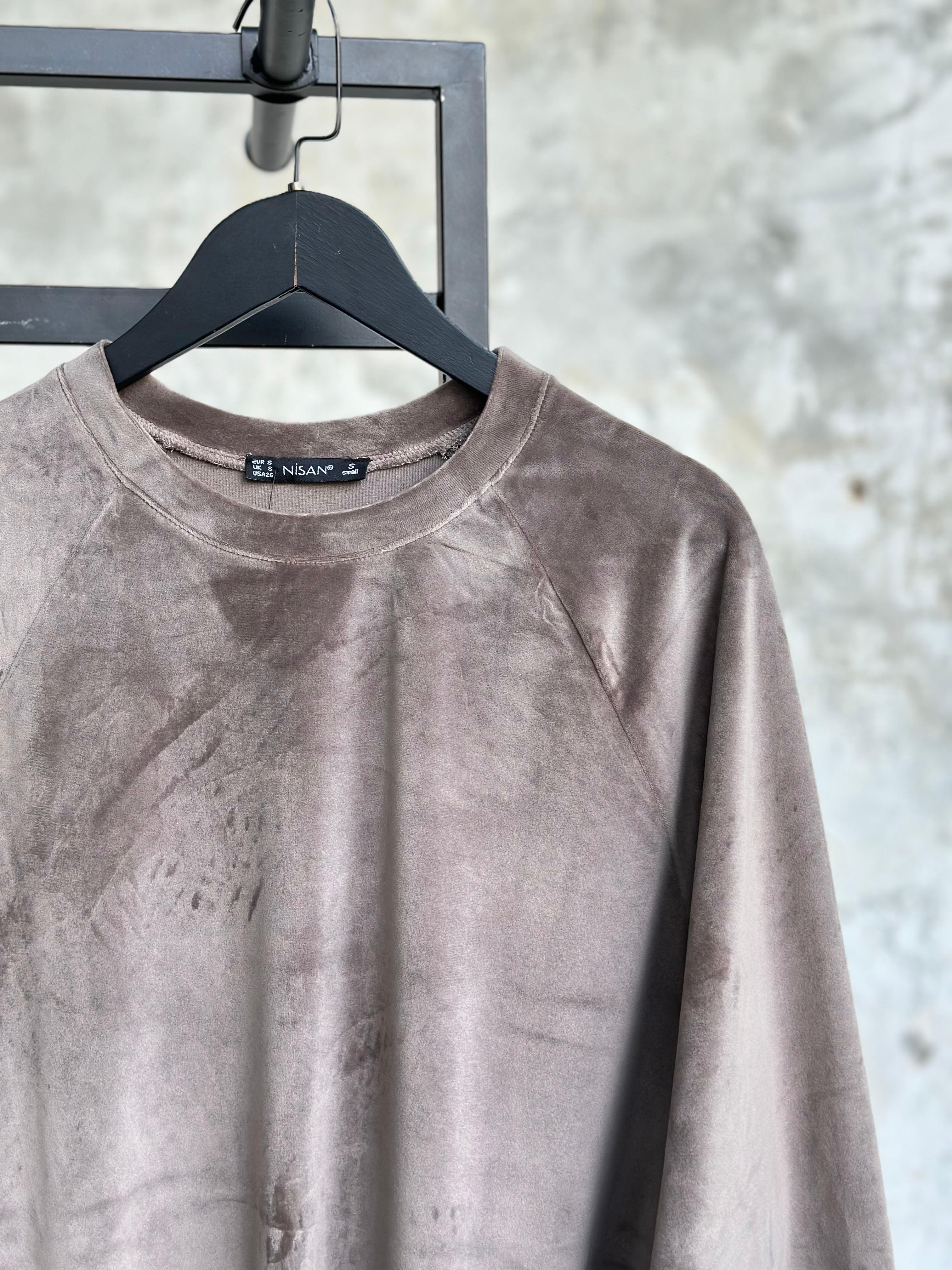 İthal Kadife Kumaş Büzgü Detaylı Sweat (Vizon)