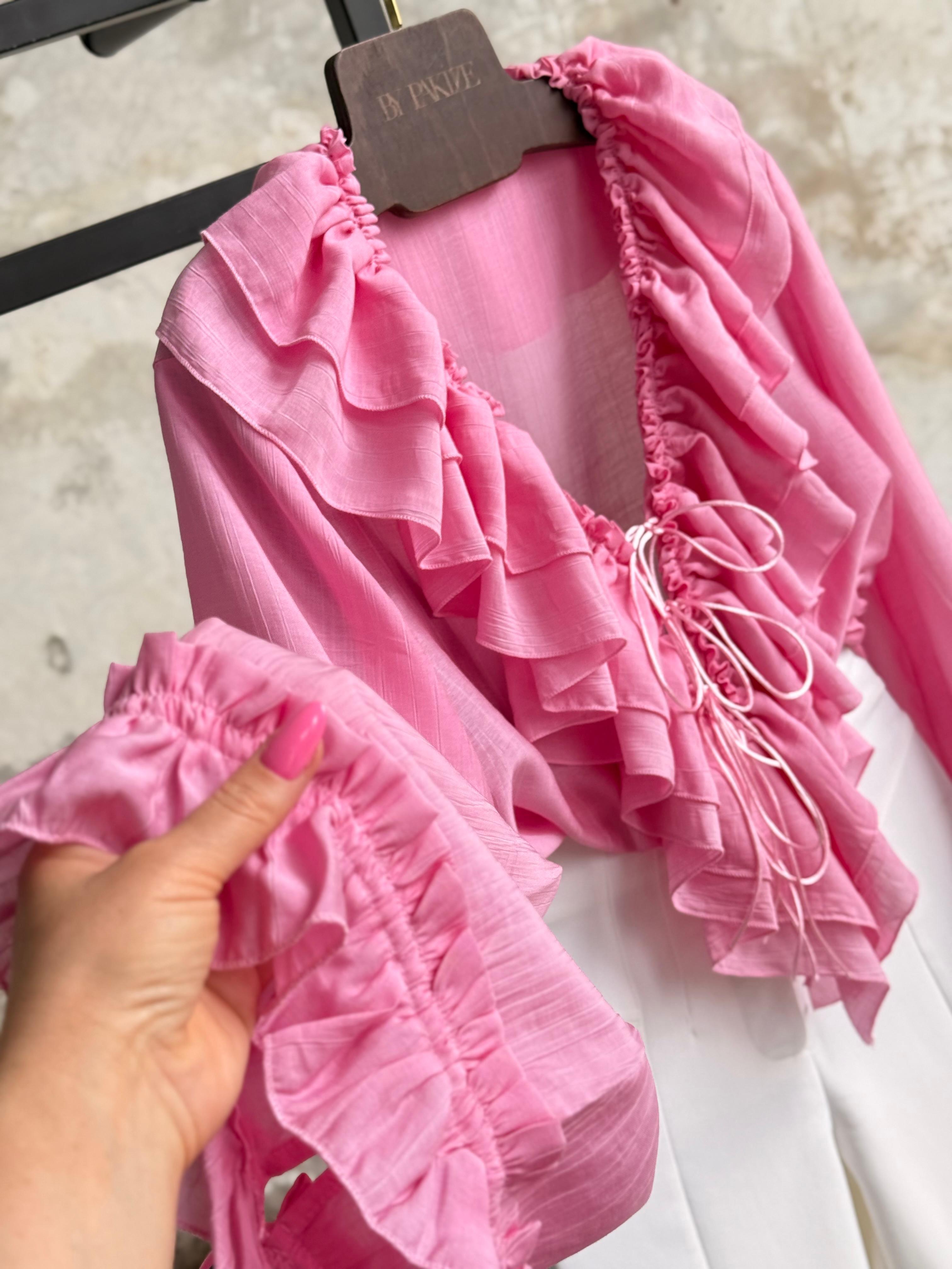 İthal Kumaş Fırfırlı Bağcık Detaylı Gömlek (Pembe)