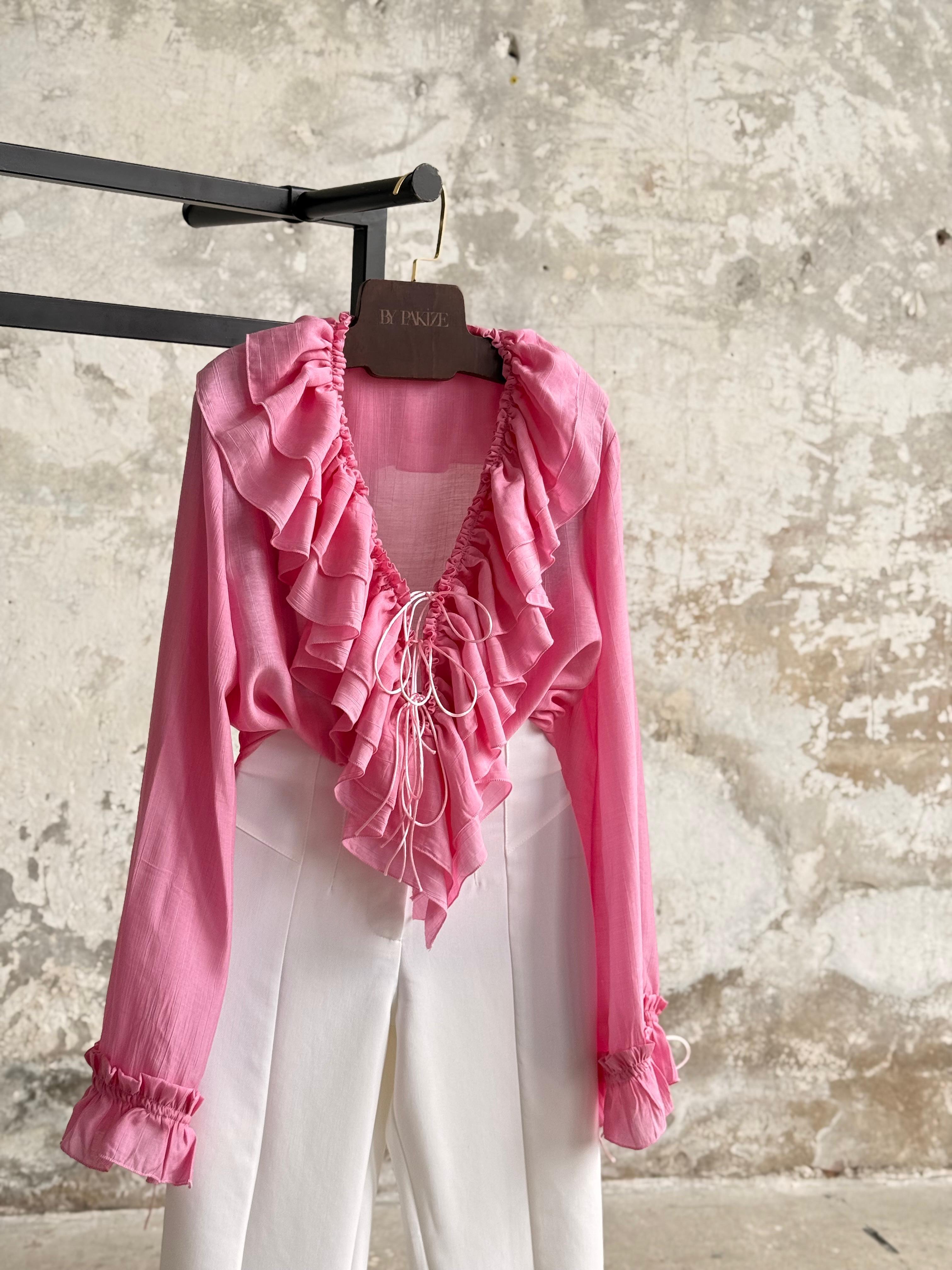 İthal Kumaş Fırfırlı Bağcık Detaylı Gömlek (Pembe)