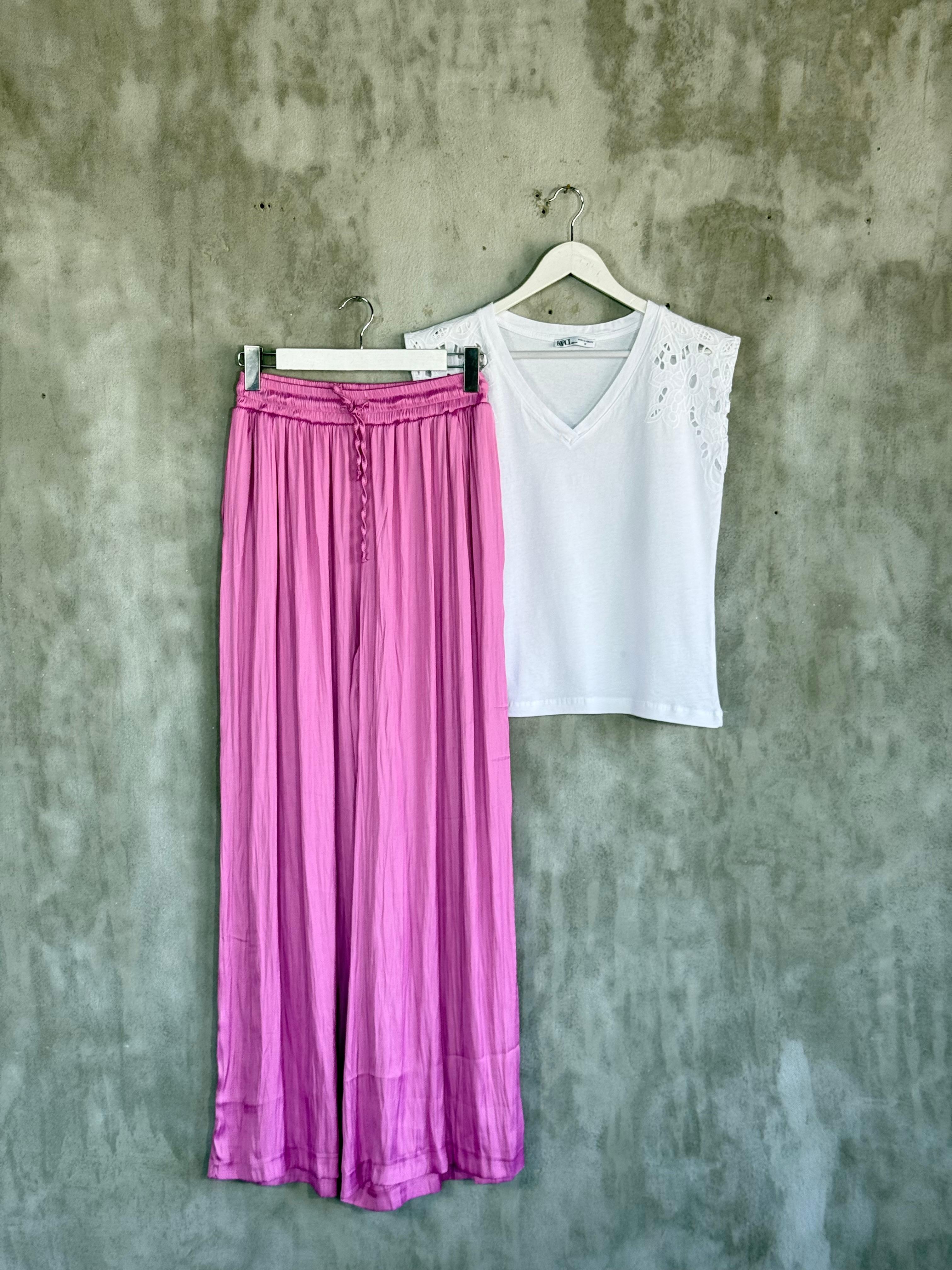İthal Pamuk Saten Kırışık Model Etekli Pantolon (Pembe)