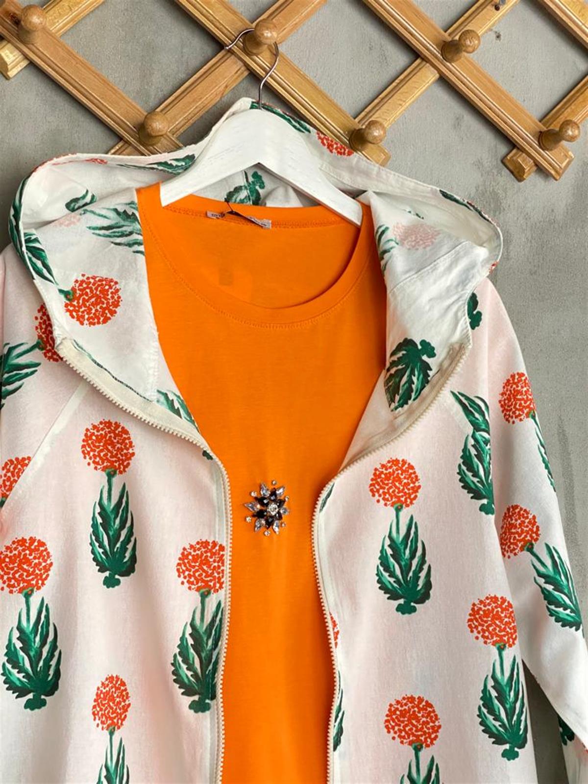 Kadife Çiçek Baskılı Ham Keten Kadın  Ceket (Oranj)