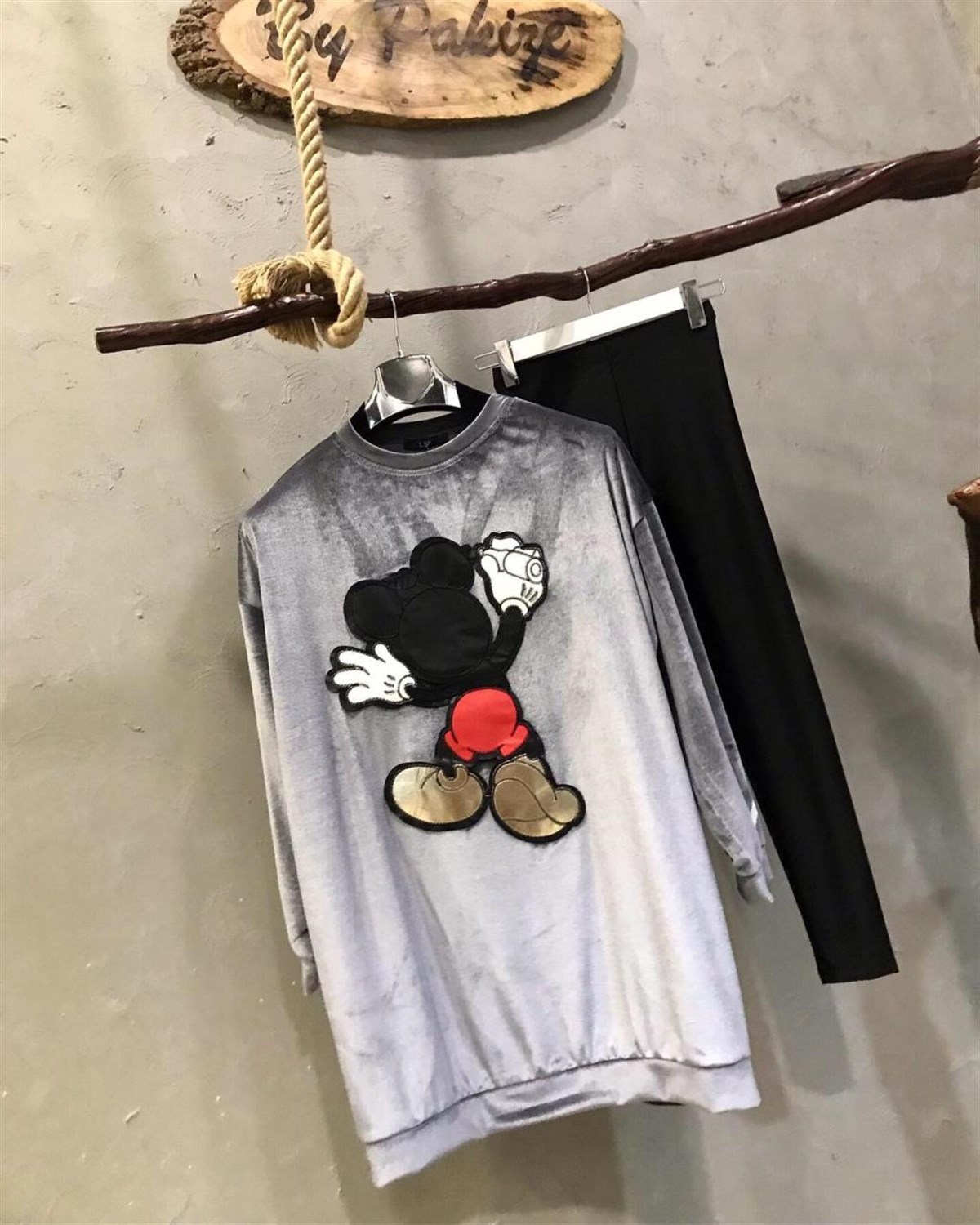 Kadife Kumaş Mickey Sweat (GRİ)