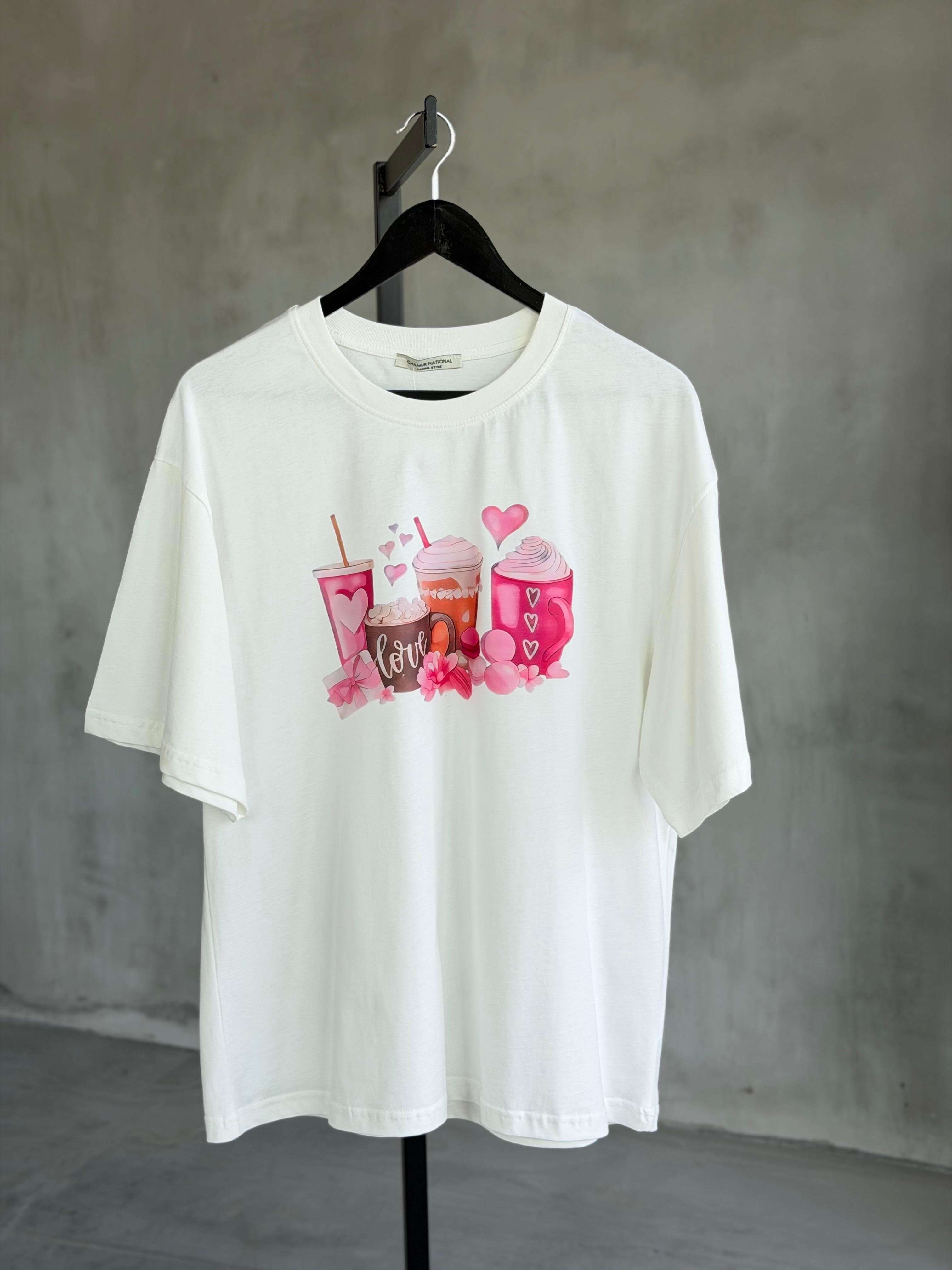 Kahve Baskılı Oversize Dokuma Tişört (Beyaz)
