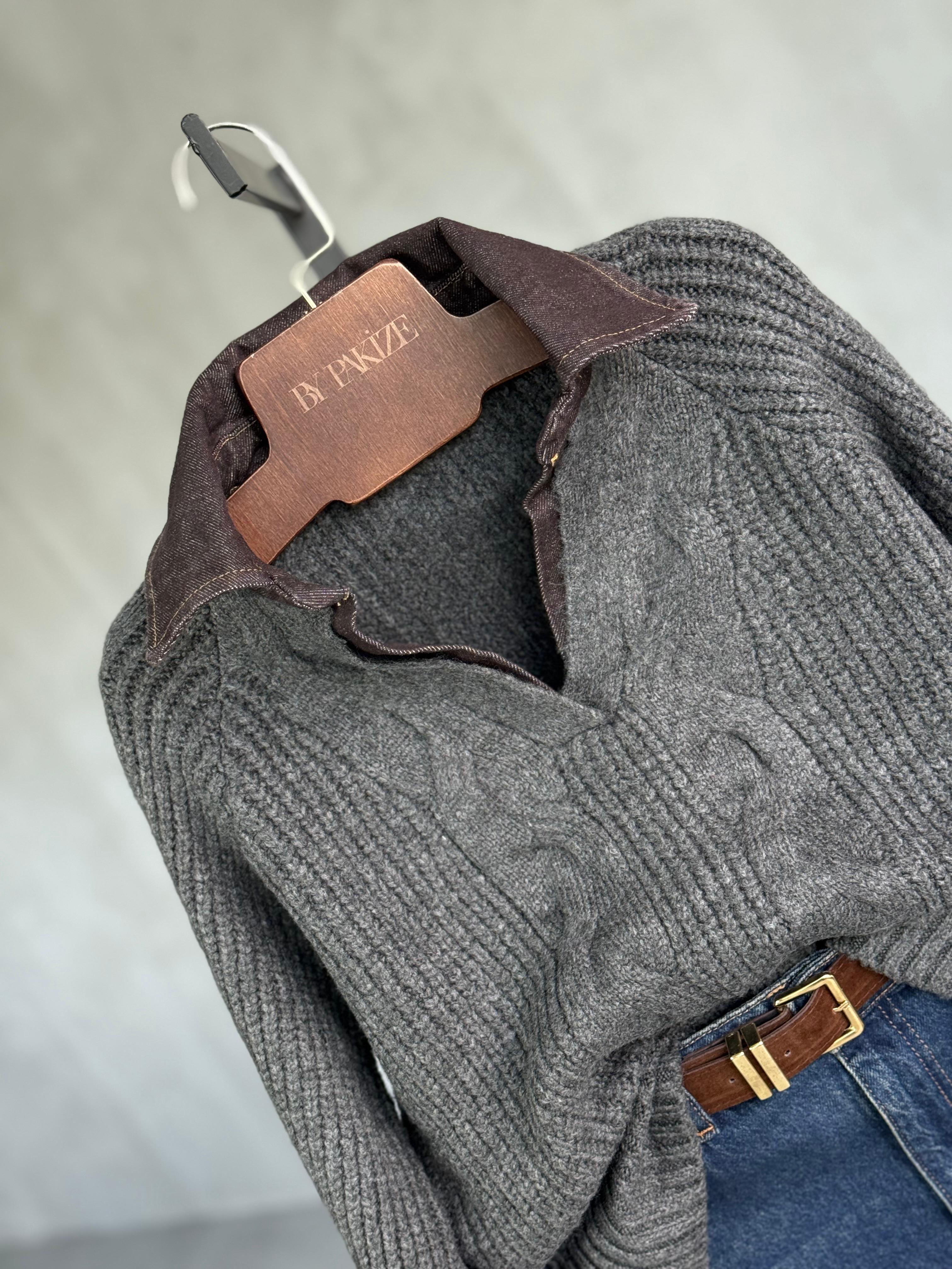 KAHVE Denim Detaylı Saç Örgü Kazak (Antrasit)