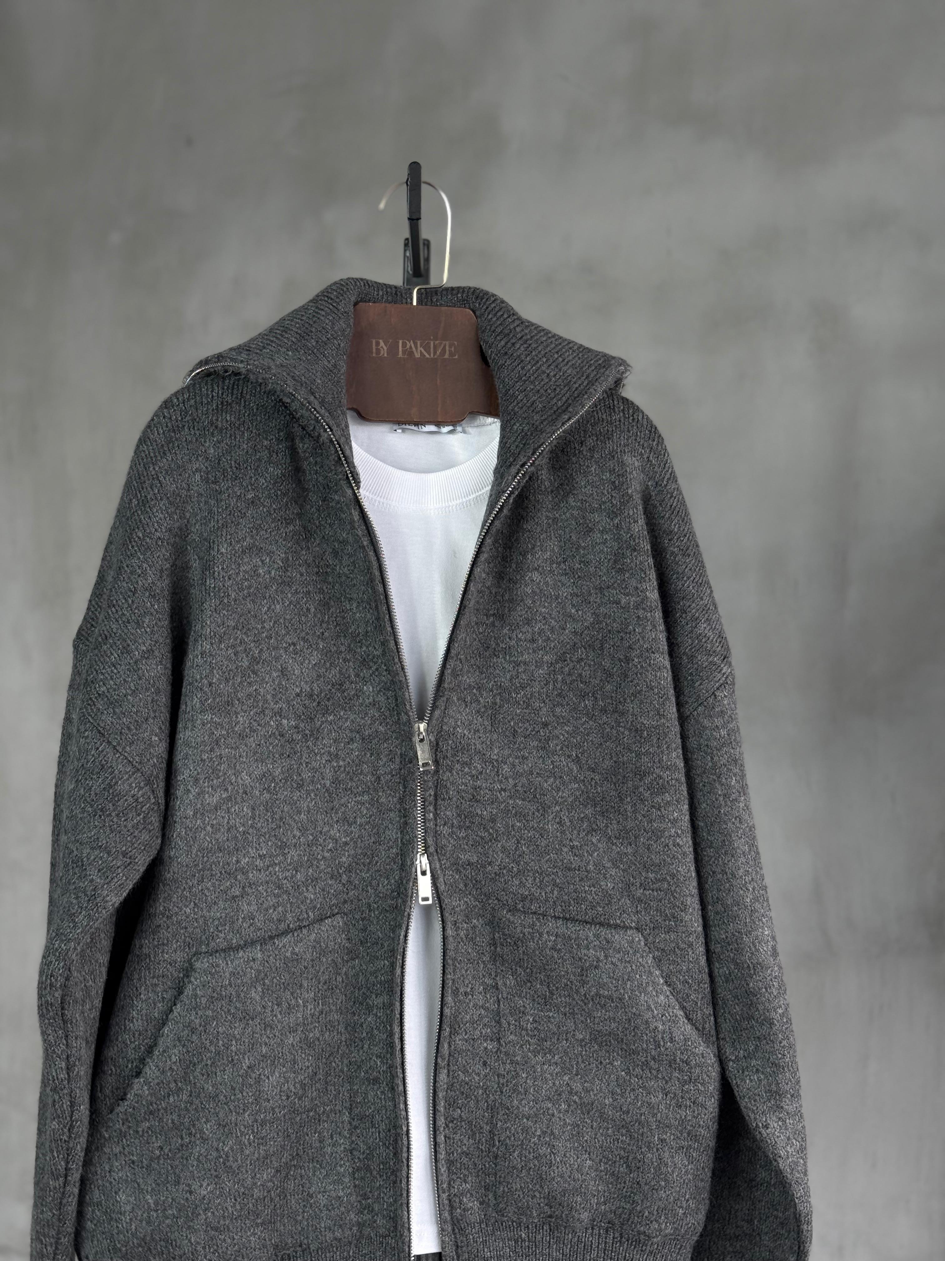 Kalın Dokulu Şardonlu Kaşmir Fermuarlı Hırka (Antrasit)