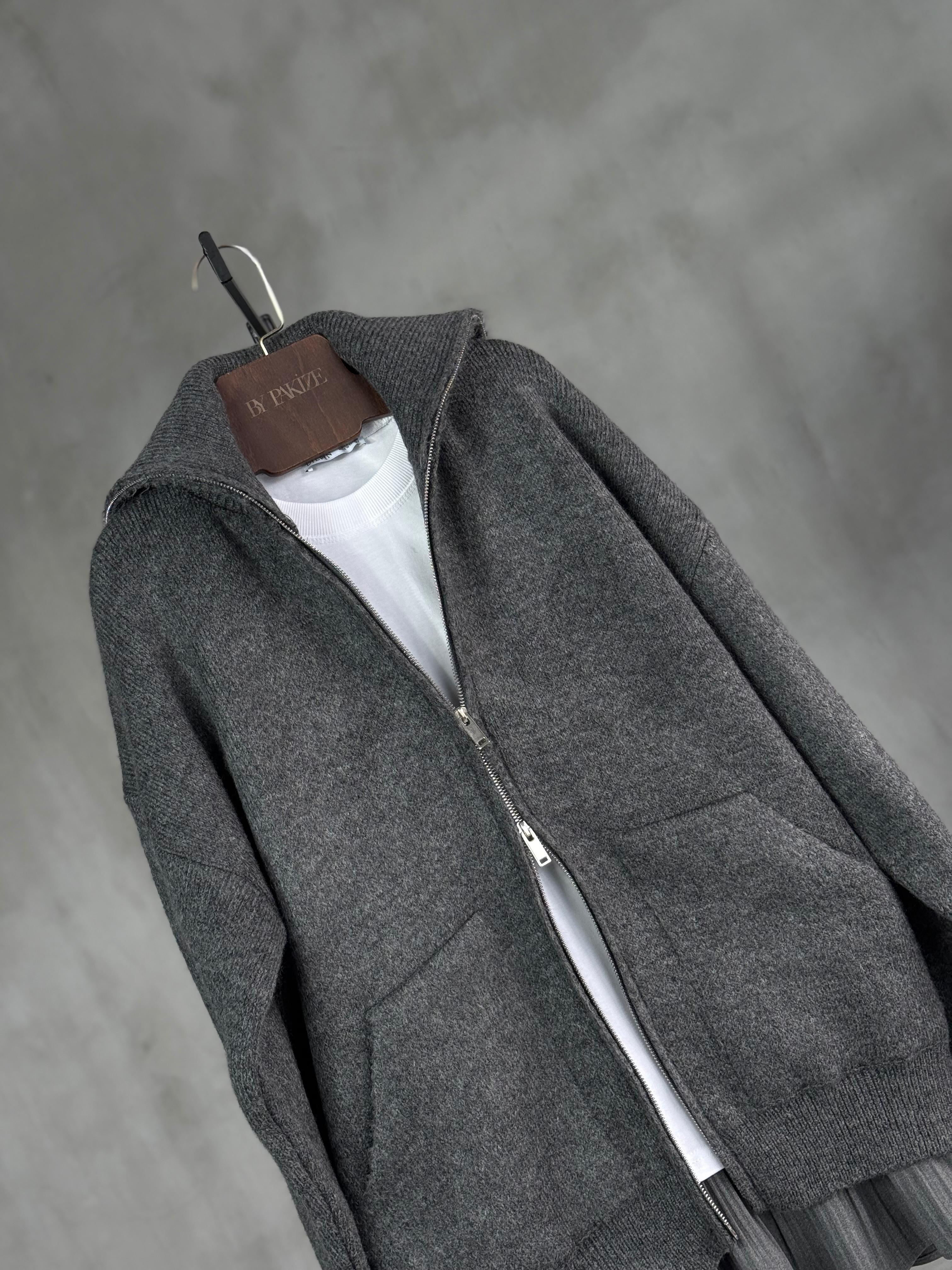 Kalın Dokulu Şardonlu Kaşmir Fermuarlı Hırka (Antrasit)