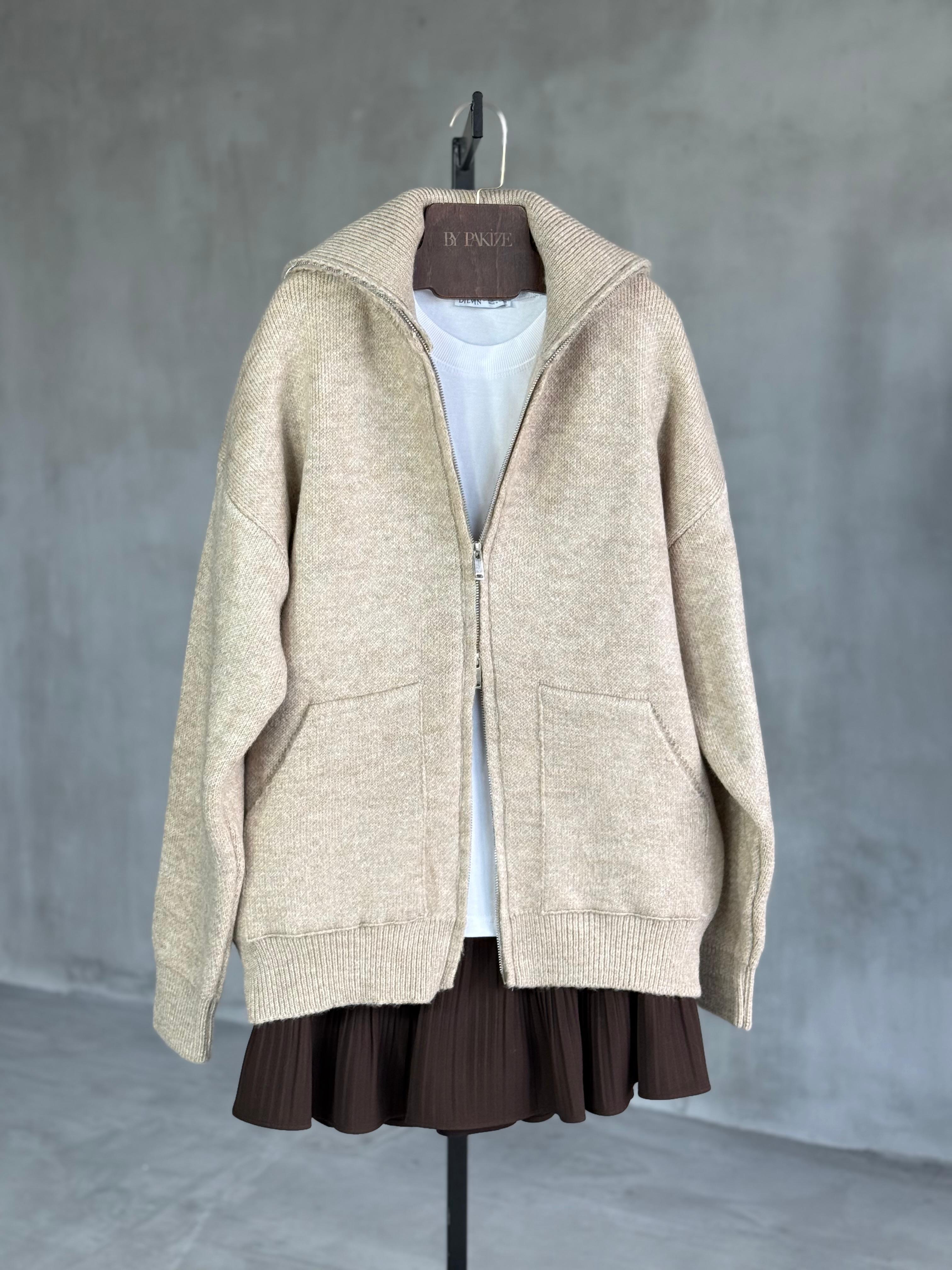 Kalın Dokulu Şardonlu Kaşmir Fermuarlı Hırka (Vizon)