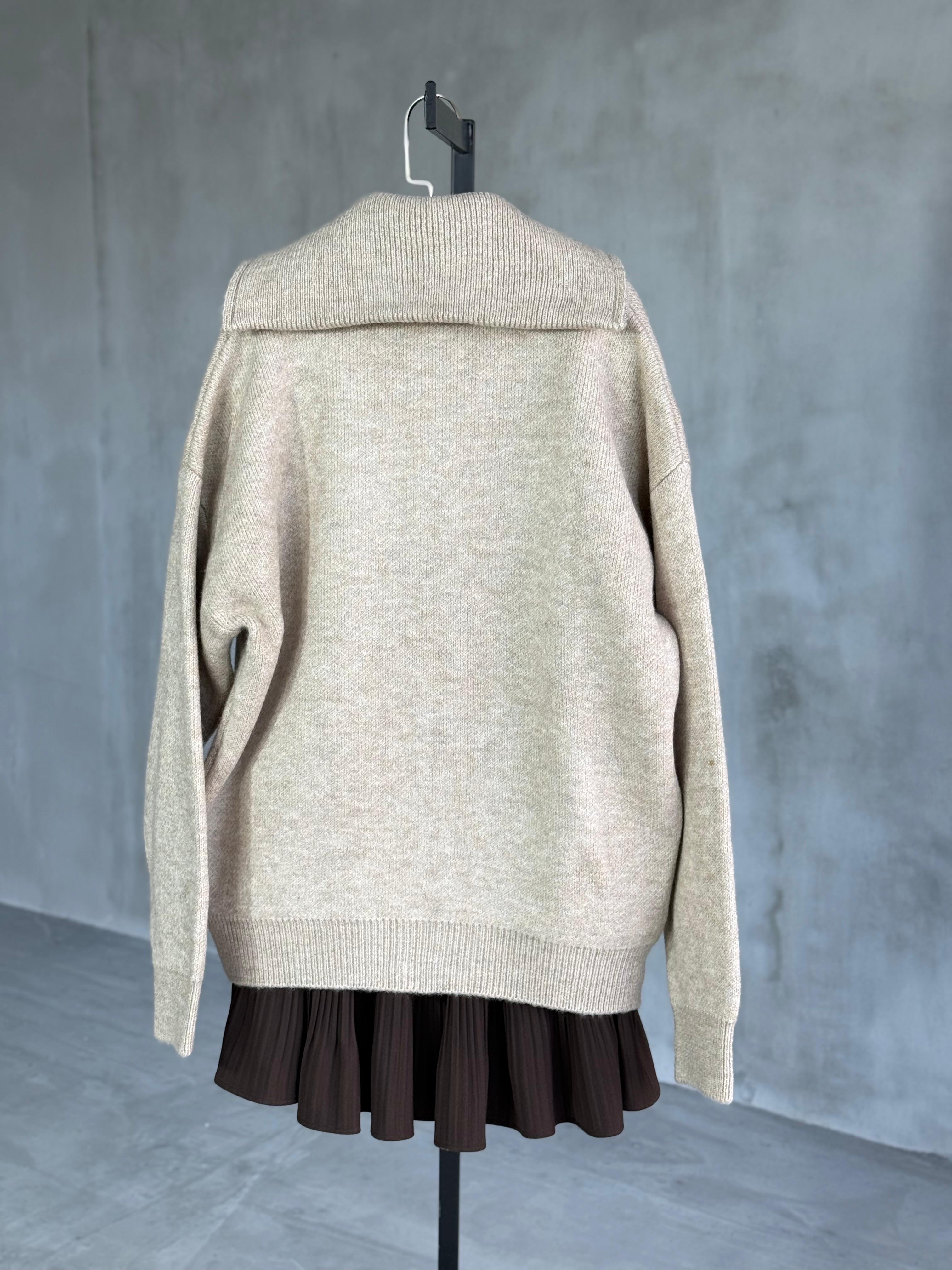 Kalın Dokulu Şardonlu Kaşmir Fermuarlı Hırka (Vizon)