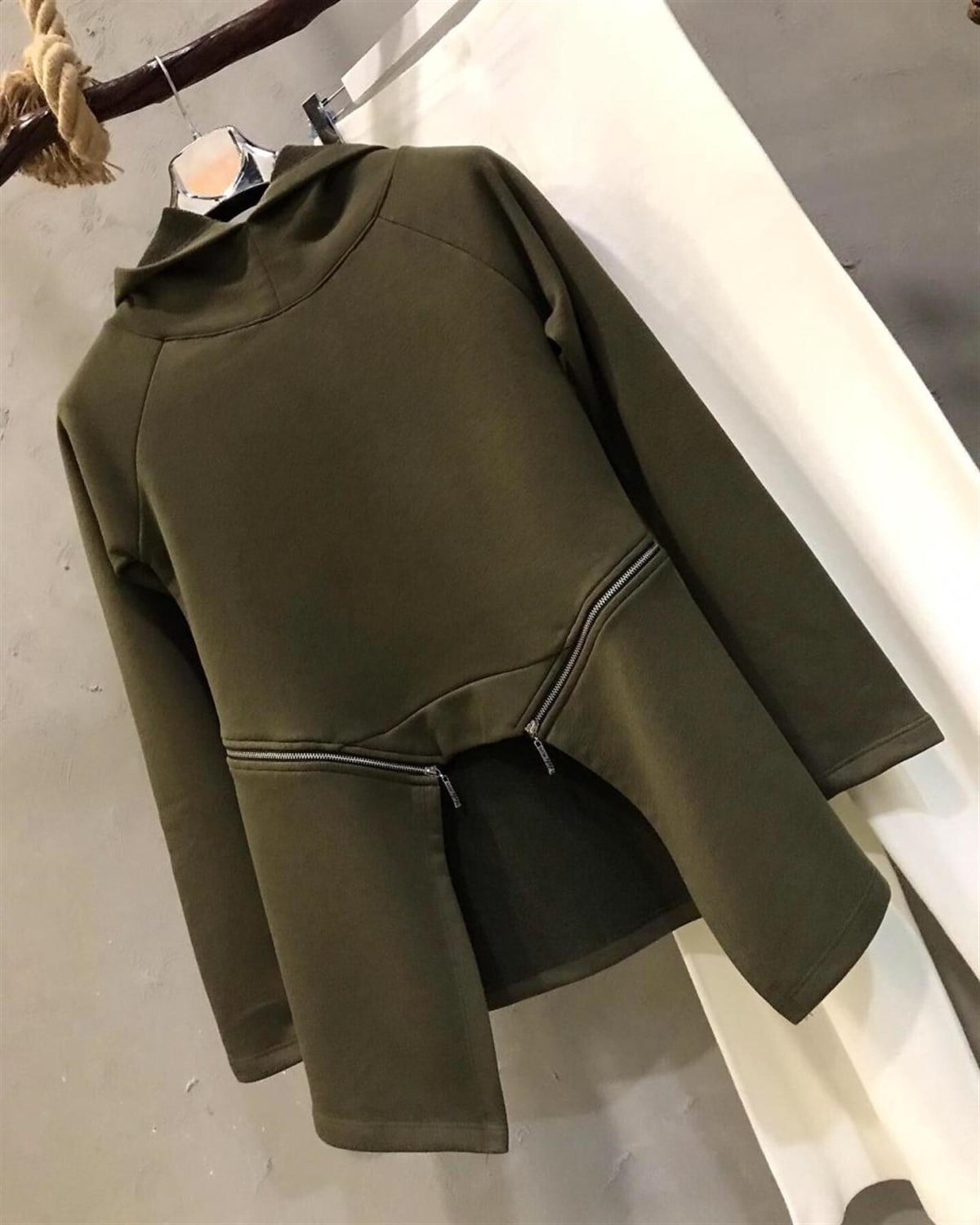 Kapşonlu Fermuar Detaylı Sweat (HAKİ)