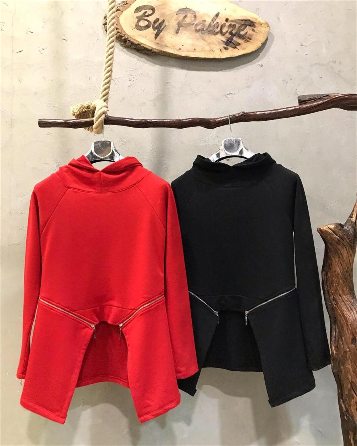 Kapşonlu Fermuar Detaylı Sweatshirt (SİYAH&KIRMIZI)