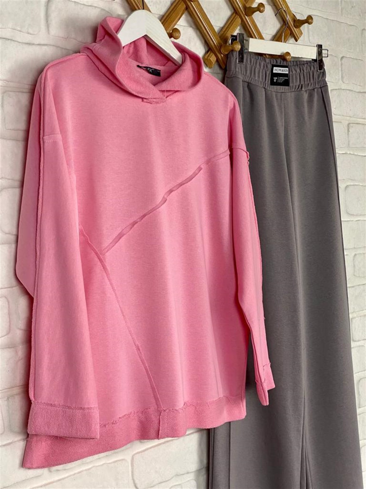 Kapşonlu Lazer Kesim Sweat (Pembe)